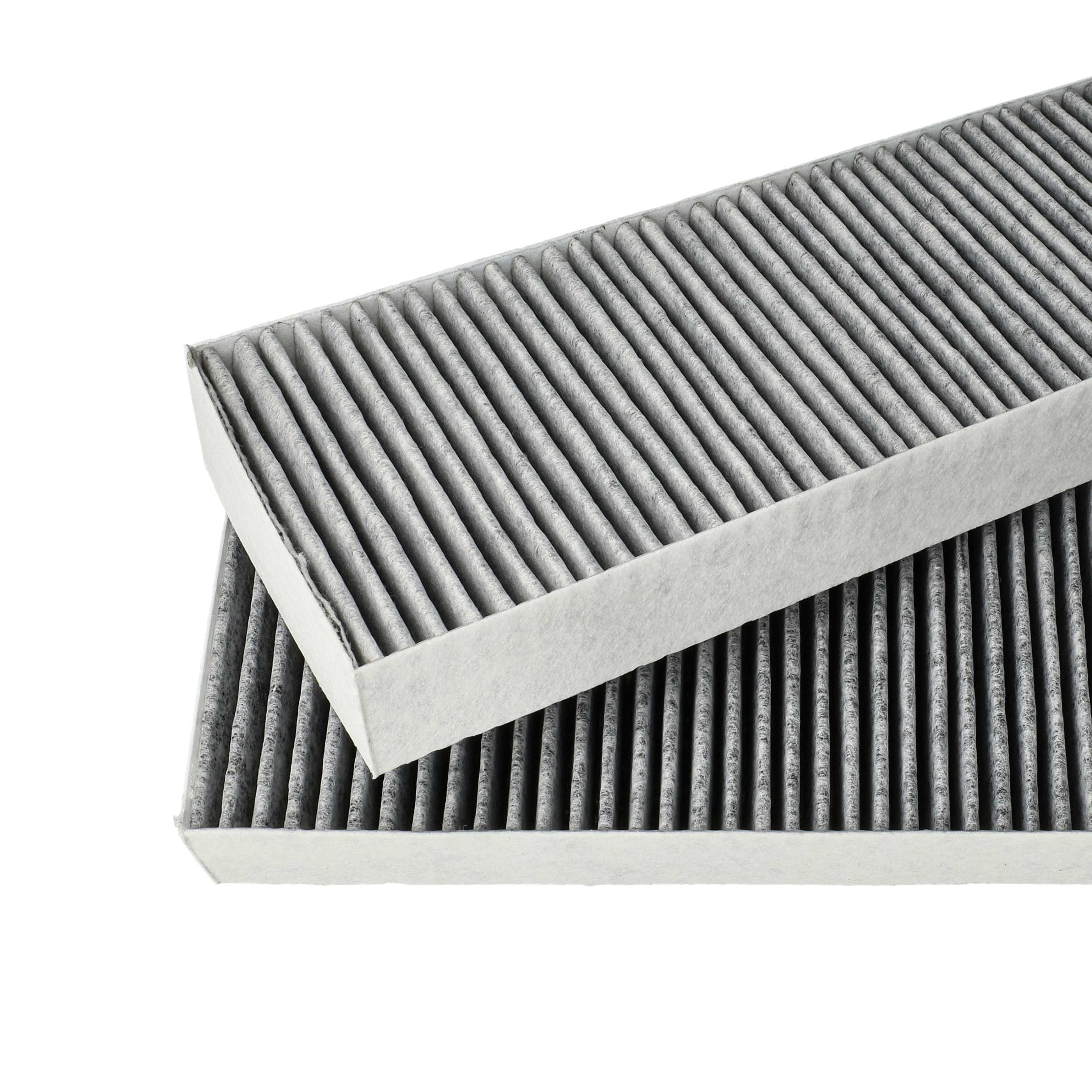 Zwei Luftfilter. Jeder Filter hat graues, plissiertes Material in einem weißen Rahmen, vor weißem Hintergrund.