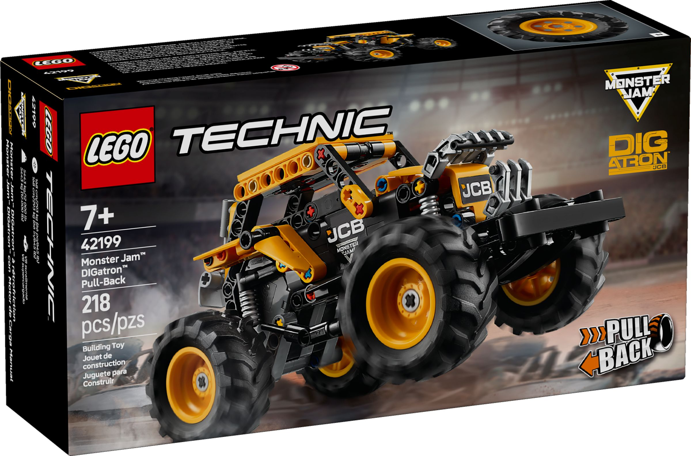 Schachtelkunst eines Lego Technic Monster Jam Trucks. Es ist schwarz und gelb mit großen Rädern und dem JCB-Logo.