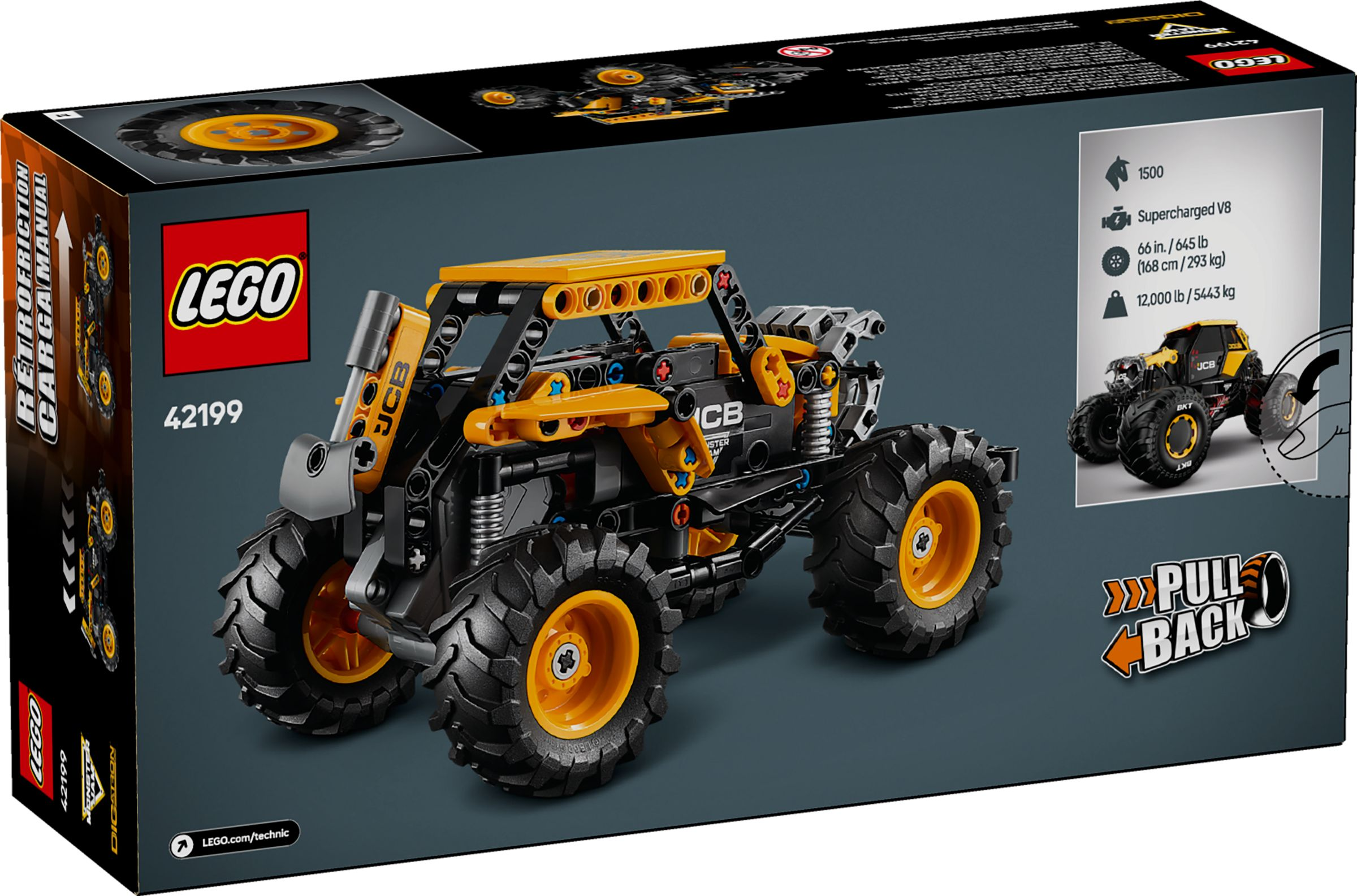 LEGO Technic 42199 Setbox. Gelb-schwarzer Monstertruck. Mit JCB-Branding und Pull-Back-Funktion.