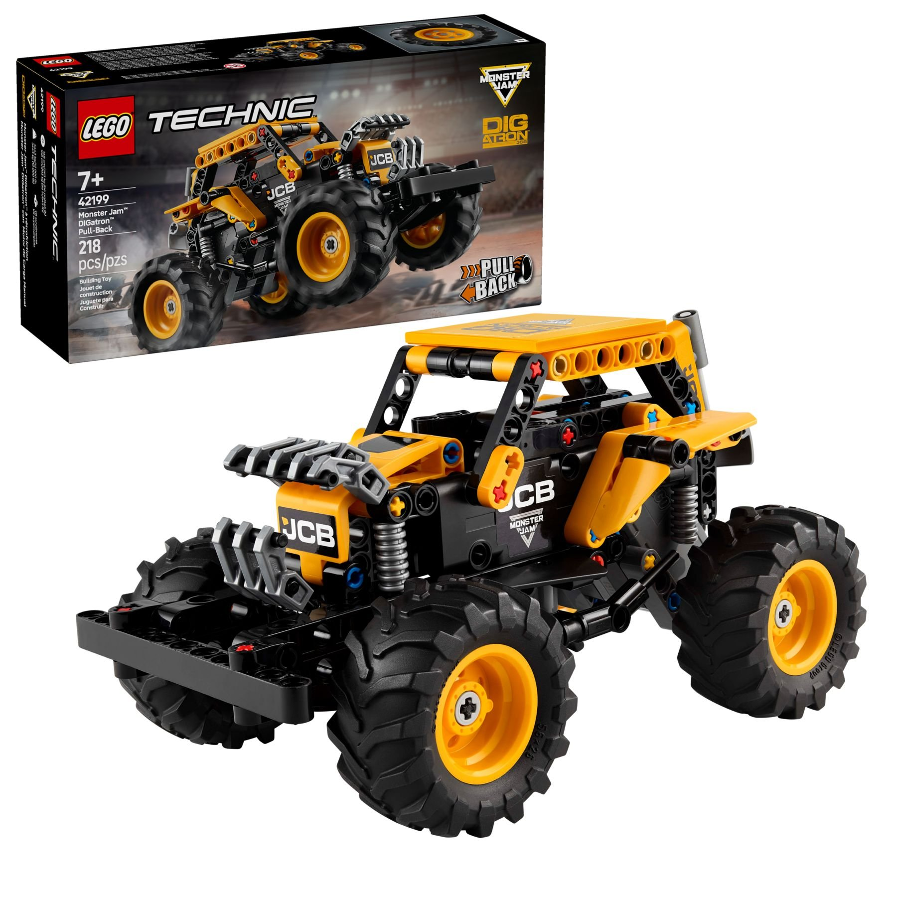 Ein gelb-schwarzer Lego Technic Monster Jam Truck. Er hat große Reifen und eine Pull-Back-Funktion. Im Hintergrund ist eine Box.