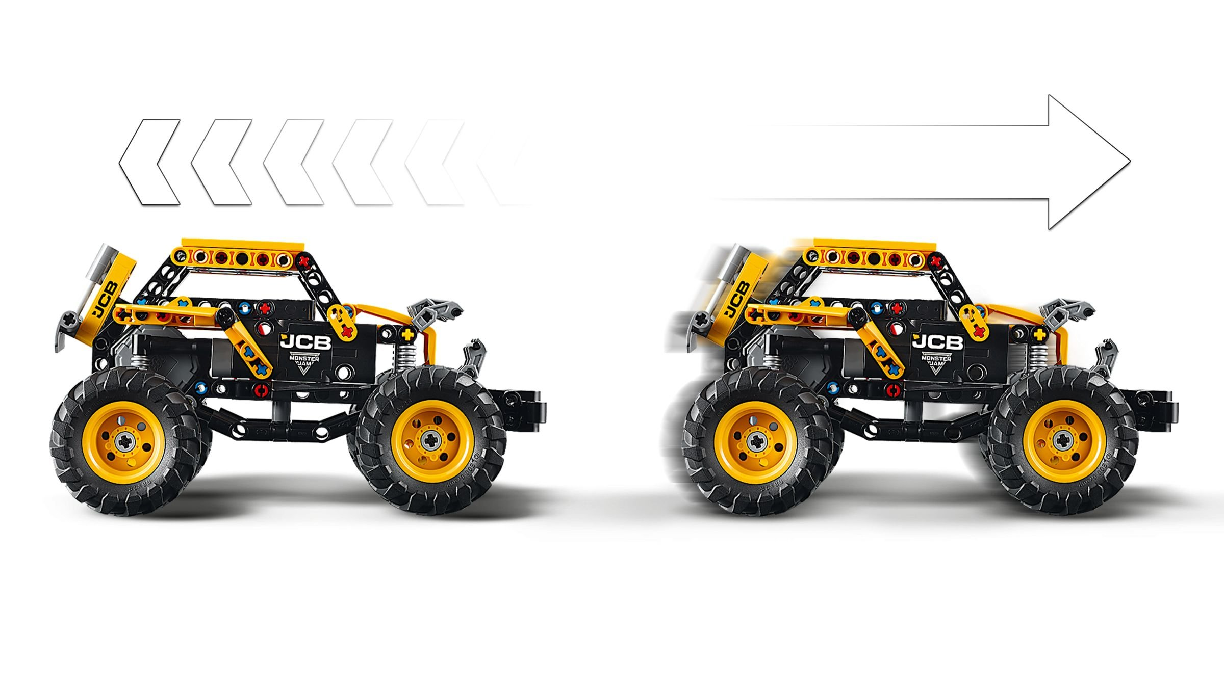 Zwei Spielzeug-JCB-Monstertrucks nebeneinander. Schwarz und gelb mit großen Rädern, Pfeile zeigen Bewegung von links nach rechts.