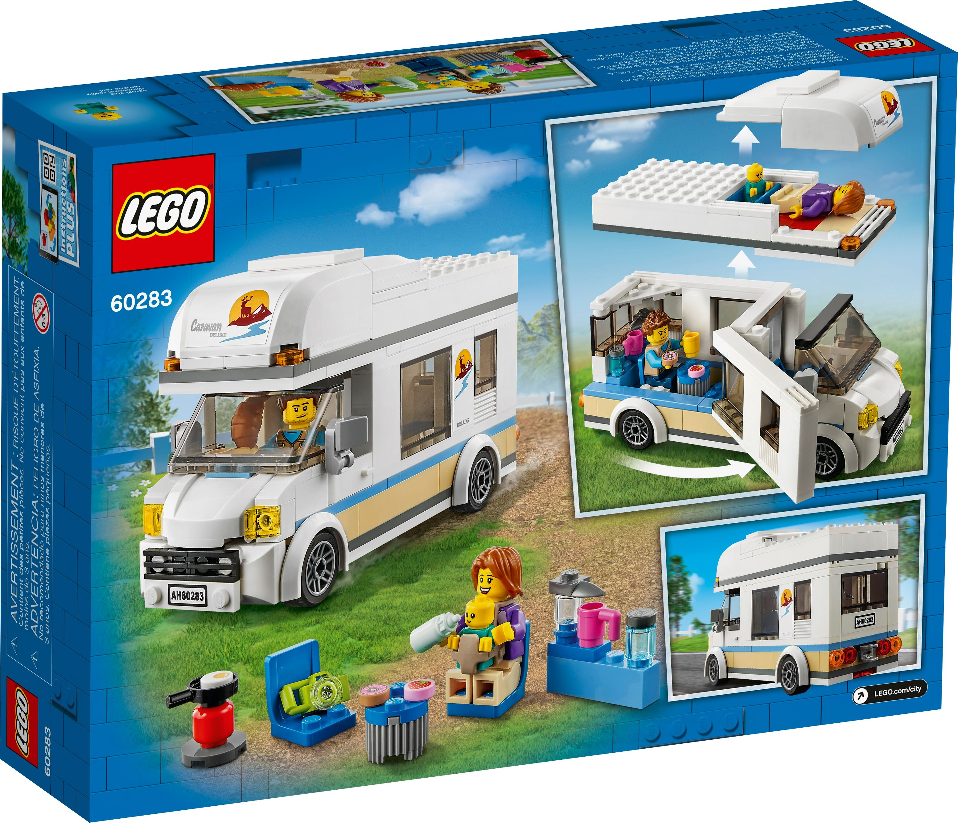 Una scatola LEGO mostra un camper bianco con strisce blu e gialle. Le figure sono mostrate mentre campeggiano e cucinano.