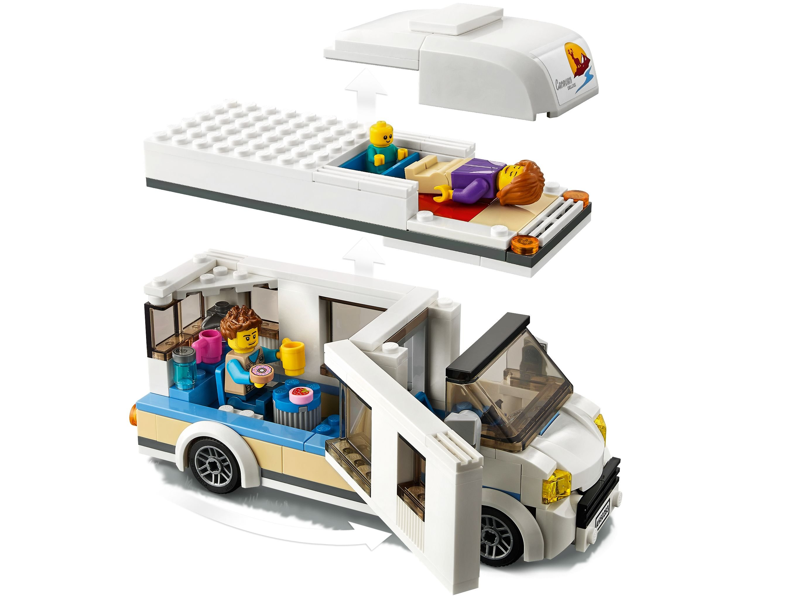 Camper Lego con due personaggi. Il tetto viene sollevato, rivelando i dettagli interni. I personaggi mangiano e si rilassano.