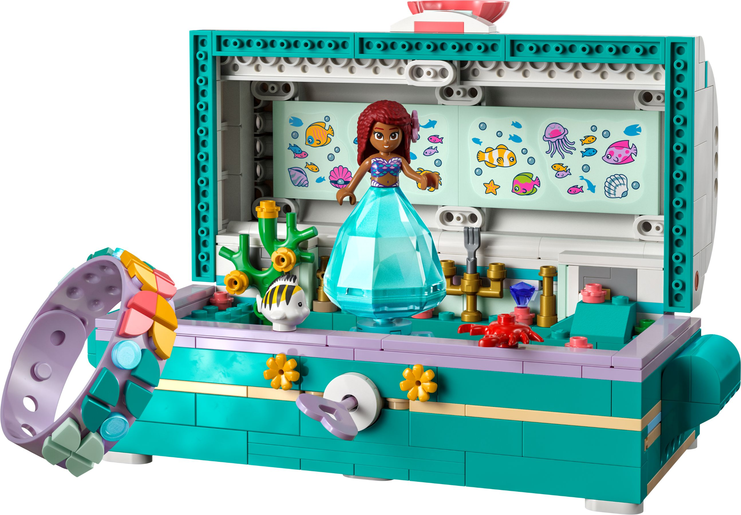 Lego-Set einer Meerjungfrau mit juwelenartigem Rock. Enthält ein Fischarmband und eine Unterwasserszene mit Meeresbewohnern.