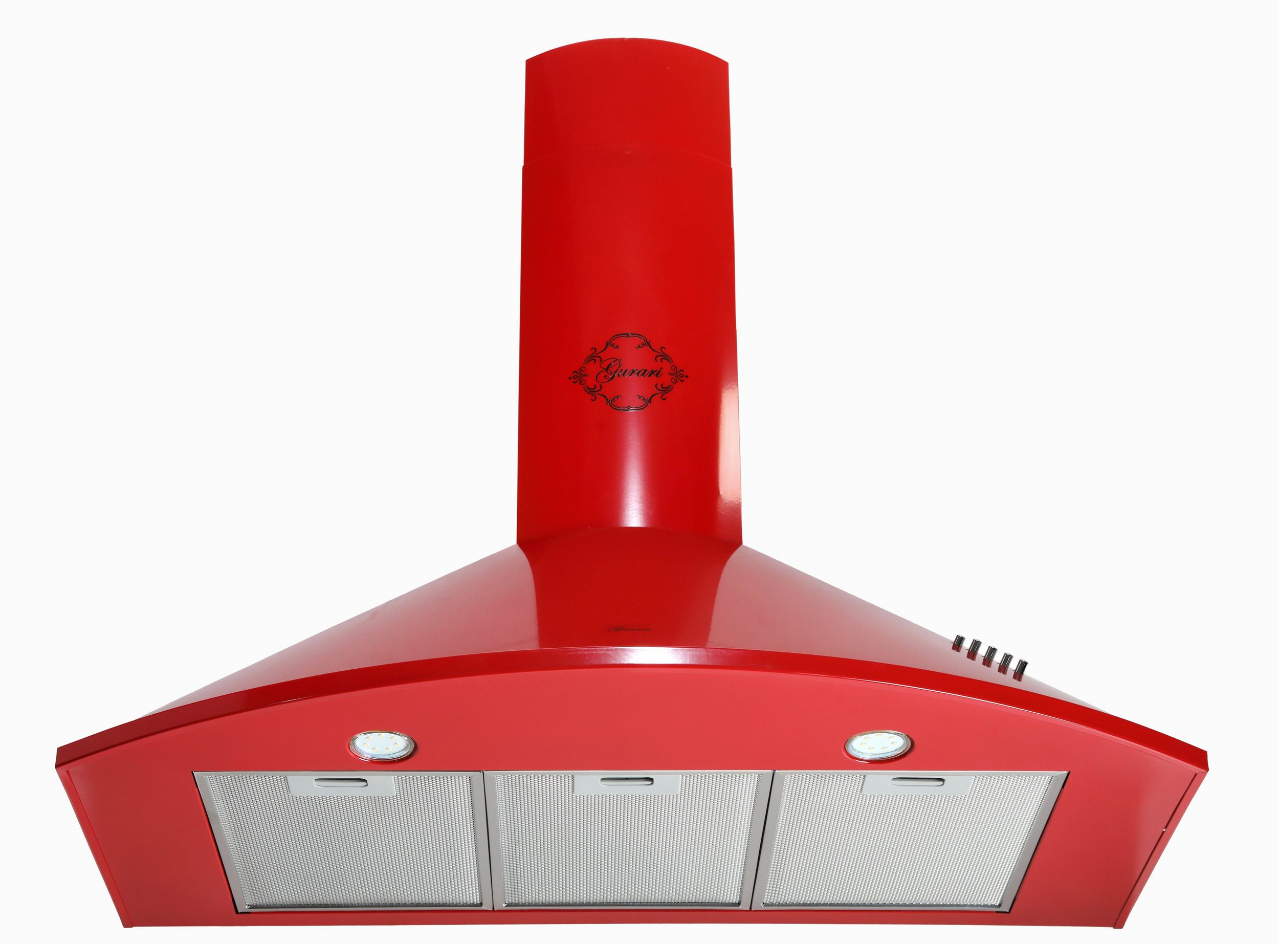 Eine rote Küchenhaube mit Kamin. Es hat Lichter und einen Metallfilter. Der Hintergrund ist weiß.
