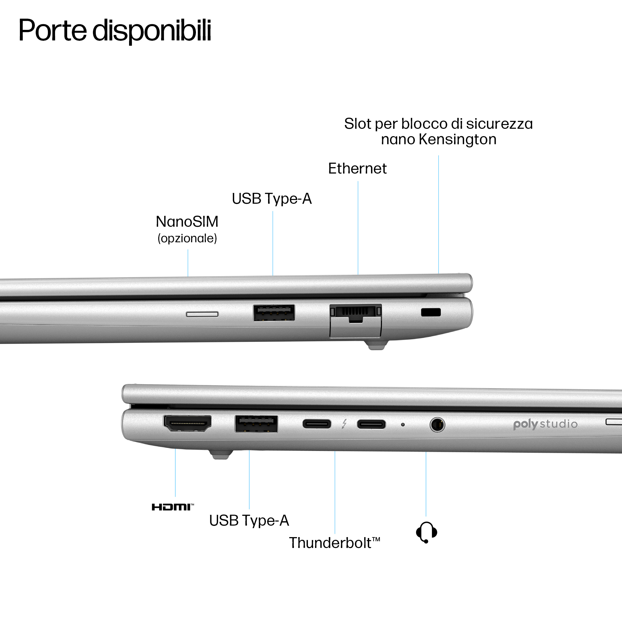 Porte del laptop: HDMI, USB, Thunderbolt, jack audio, Ethernet, NanoSIM e slot blocco Kensington. Argento, sfondo bianco.