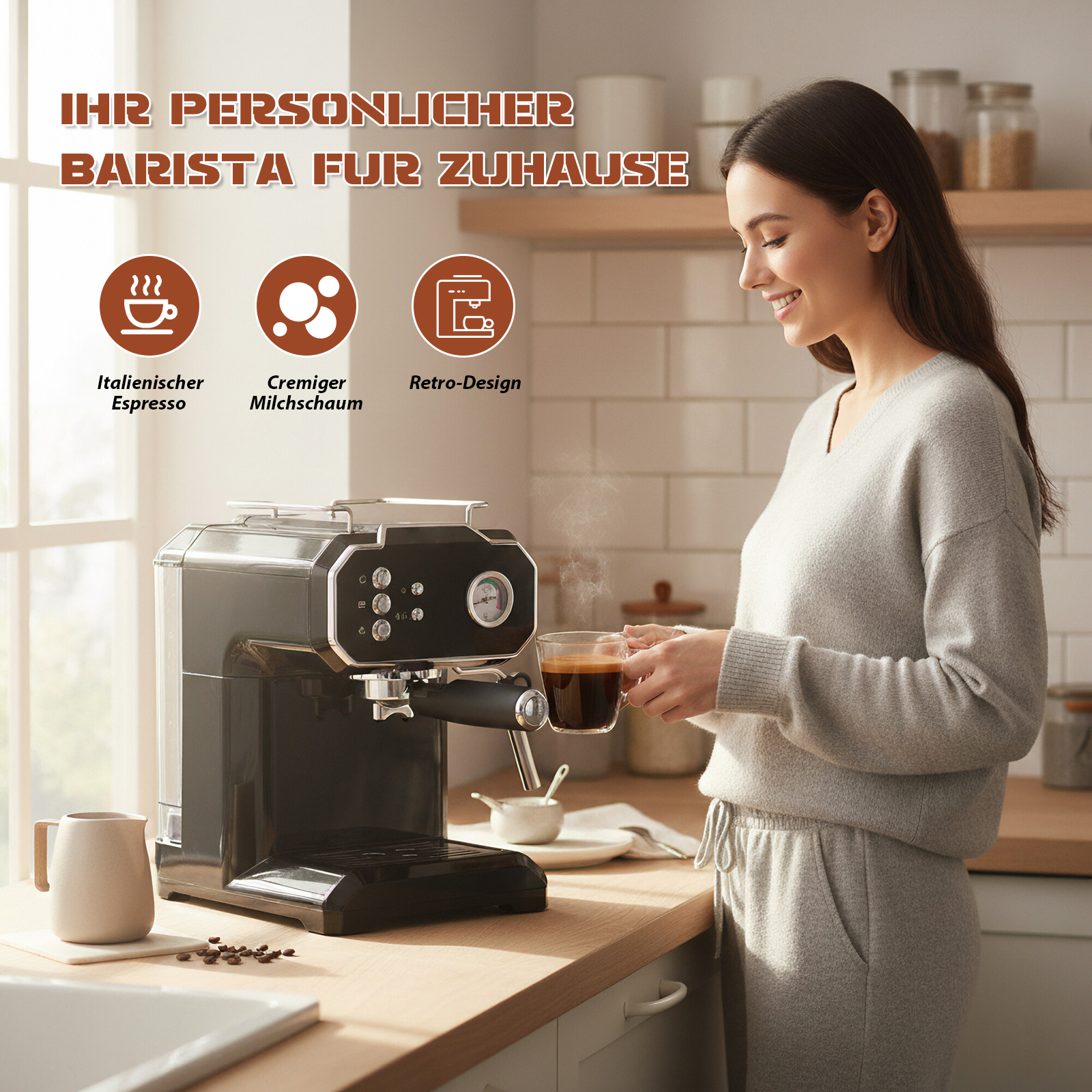 Frau hält Kaffee, steht neben einer schwarzen Espressomaschine auf einer Holztheke. Weitere Artikel sind sichtbar.