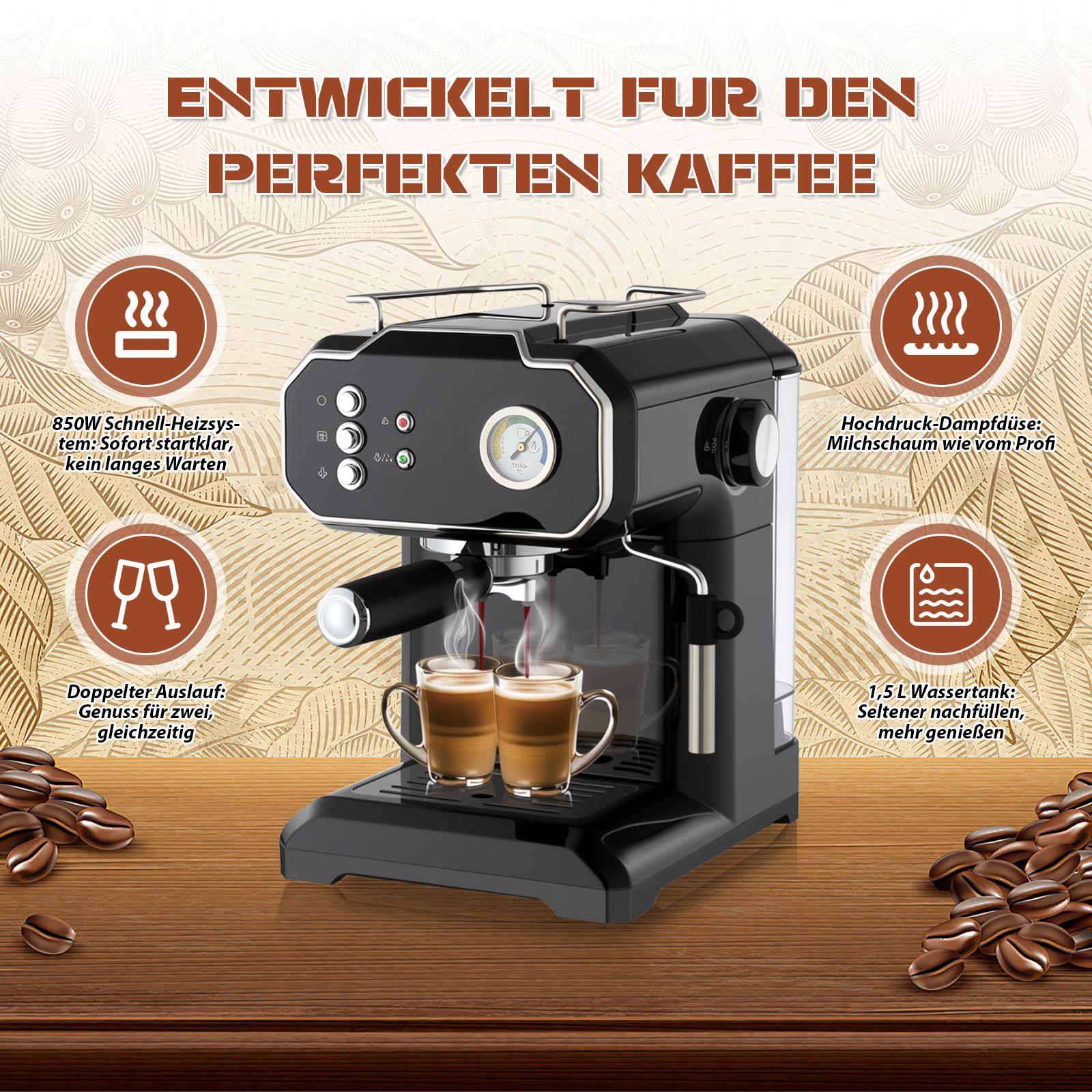 Schwarze Espressomaschine, die Kaffee zubereitet. Zwei Tassen werden gefüllt. Kaffeebohnen auf einem Holztisch.
