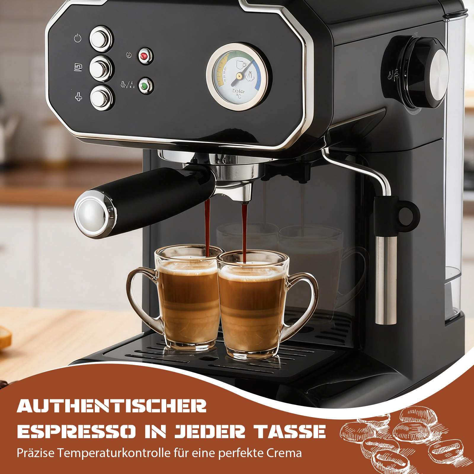 Eine schwarze Espressomaschine brüht Kaffee in zwei Glasbecher. Der Text darunter lautet 'Authentischer Espresso in jeder Tasse'.