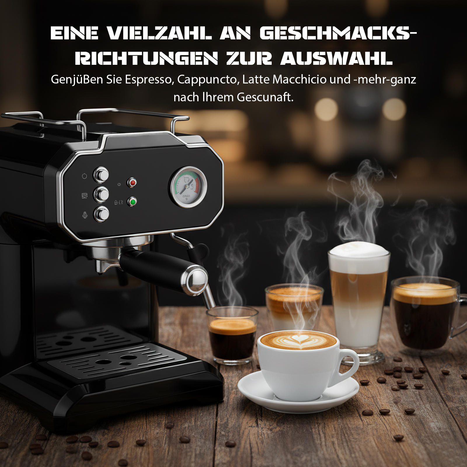 Espressomaschine mit verschiedenen Kaffeesorten: Espresso, Latte, Cappuccino. Kaffeebohnen auf einem Holztisch.