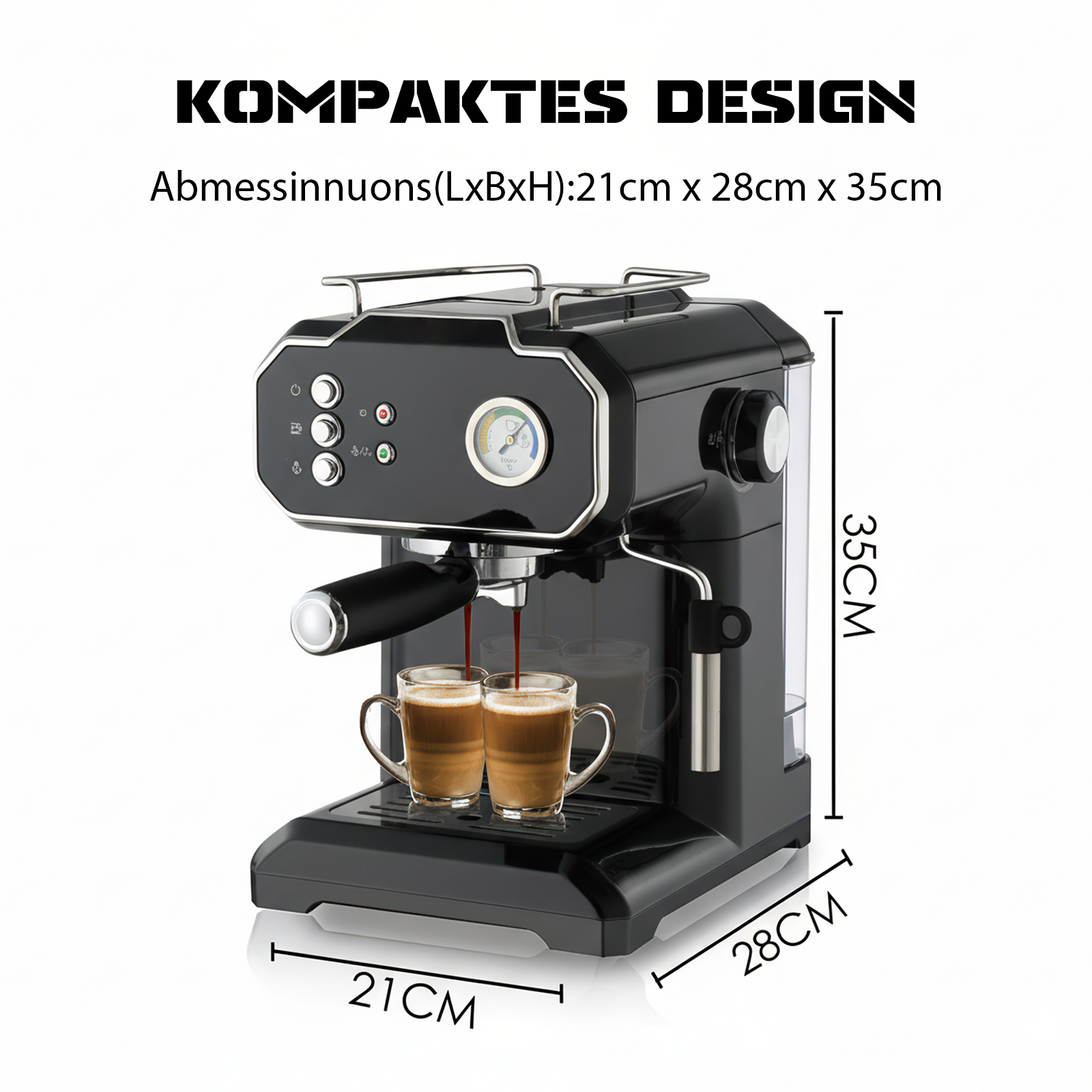 Schwarze Espressomaschine. Zwei Gläser sind mit Kaffee gefüllt. Abmessungen sind angegeben: 21x28x35cm.