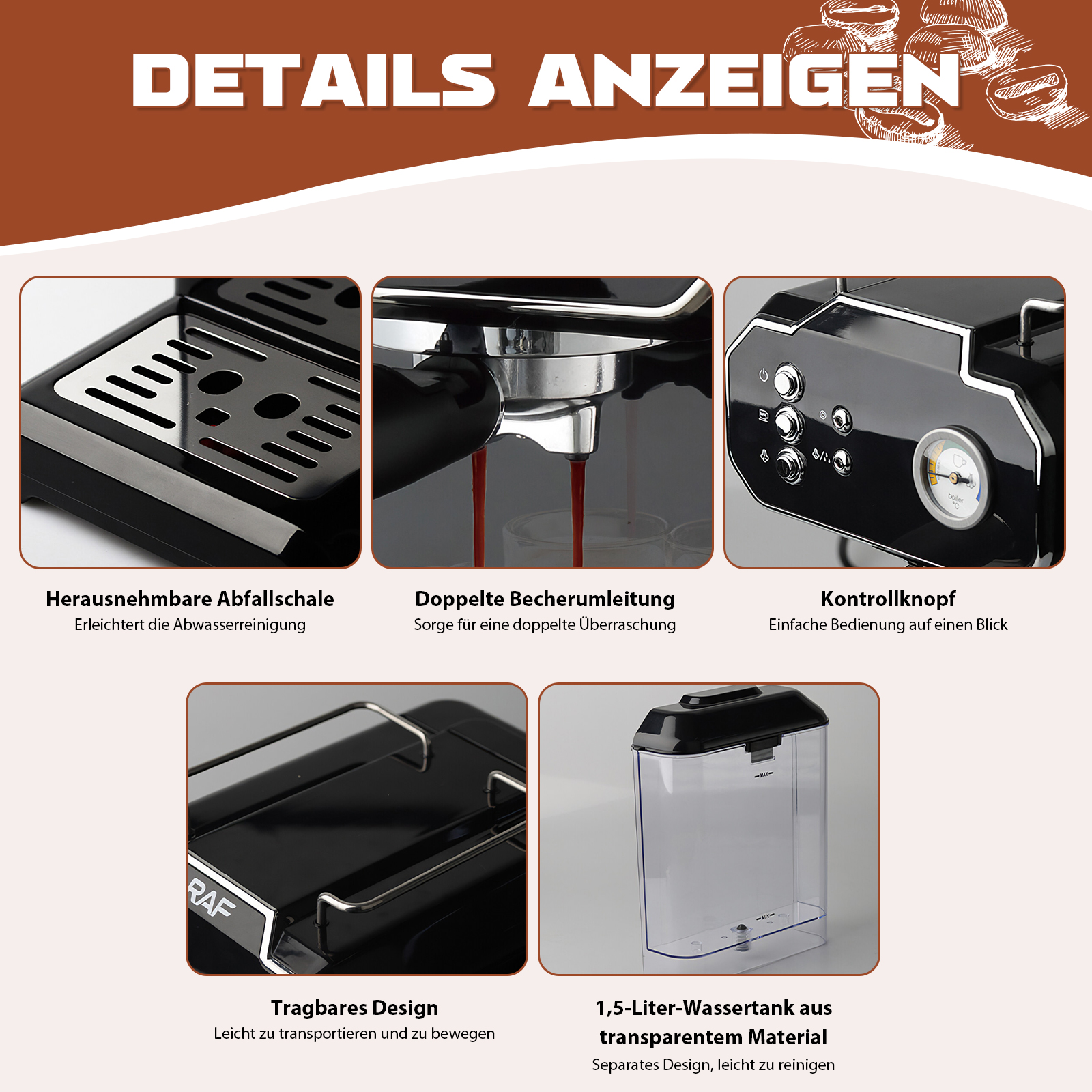 Das Bild zeigt Details einer schwarzen Espressomaschine. Komponenten wie Tropfschale, Doppelauslauf, Bedienelemente und Wassertank sind sichtbar.