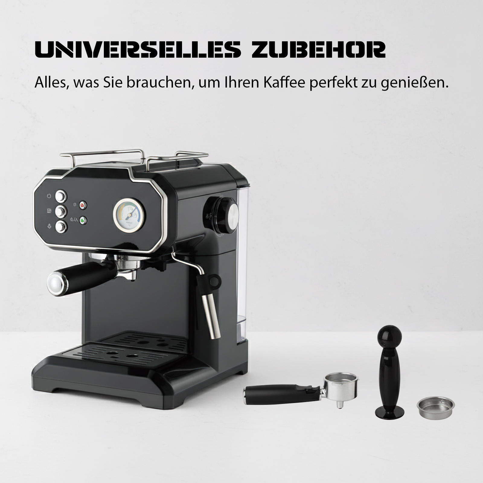 Eine schwarze Espressomaschine mit Zubehör auf weißer Oberfläche. Text: 'Universelles Zubehör'.