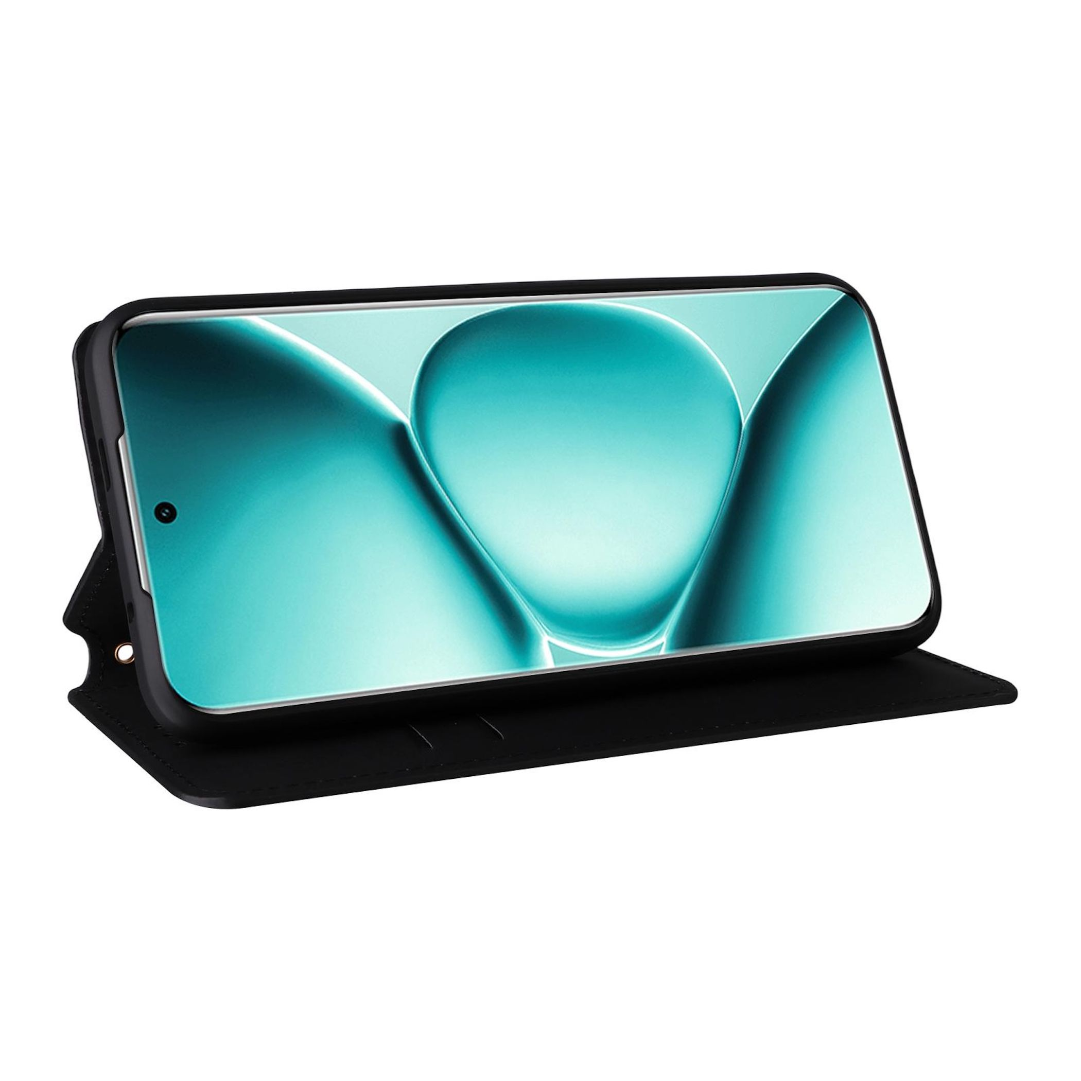 Ein Smartphone in einer schwarzen Hülle wird angezeigt. Der Bildschirm zeigt ein abstraktes, tealfarbenes Design. Die Hülle ist offen.