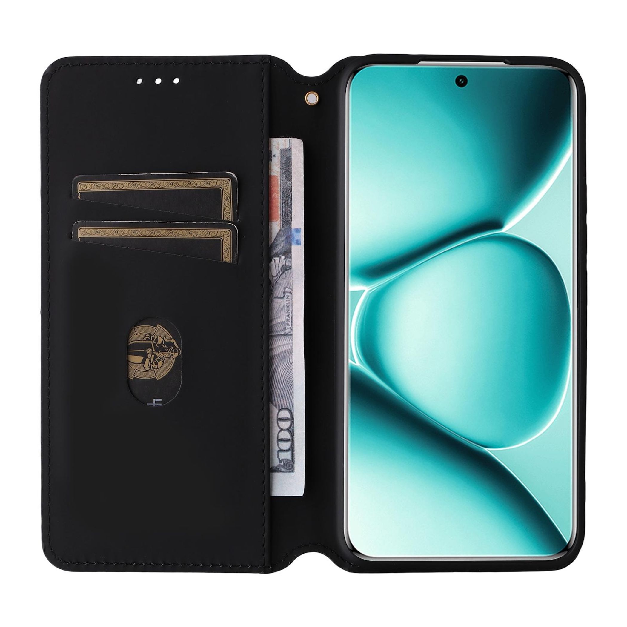 Schwarze Handyhülle offen, mit Handy, Kartenfächern und einem Hundert-Dollar-Schein.