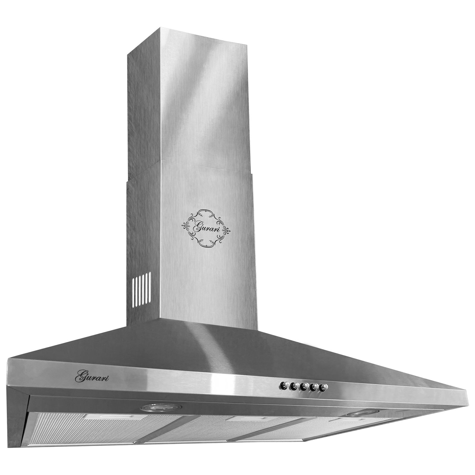 Edelstahl-Küchenabzugshaube mit 'Gurari'-Logo. Sie hat ein Kamin-Design und Bedienknöpfe.