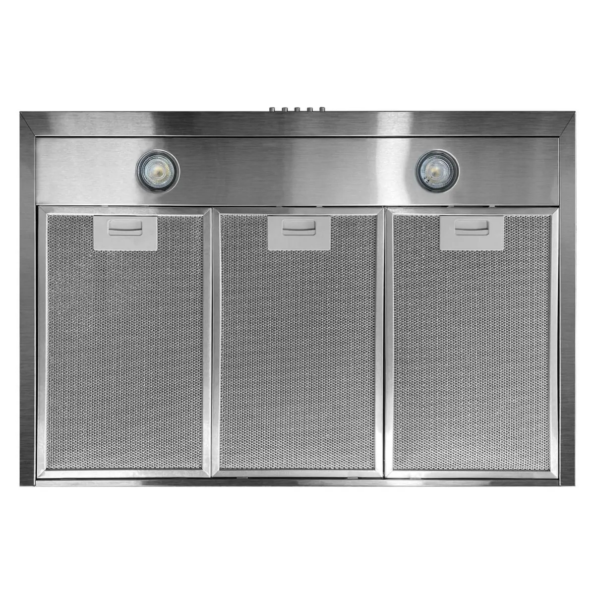 Edelstahl-Dunstabzugshaube. Mit drei Mesh-Filtern und zwei Lichtern. Sauberes Design, geeignet für Küchengeräte.