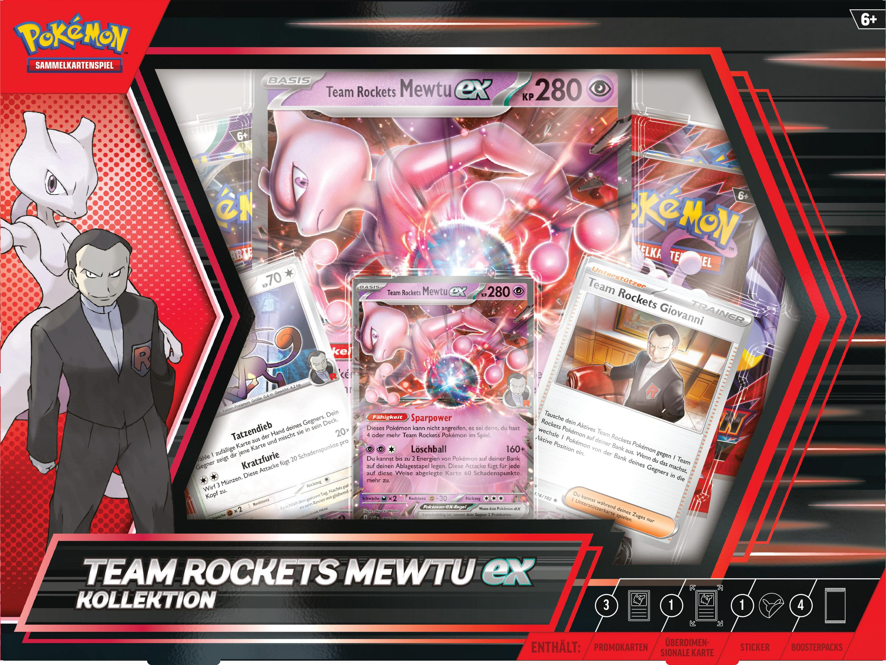 Eine Pokemon-Karten-Sammelbox mit einer Mewtu ex-Karte, anderen Karten und einem Team Rocket-Thema.