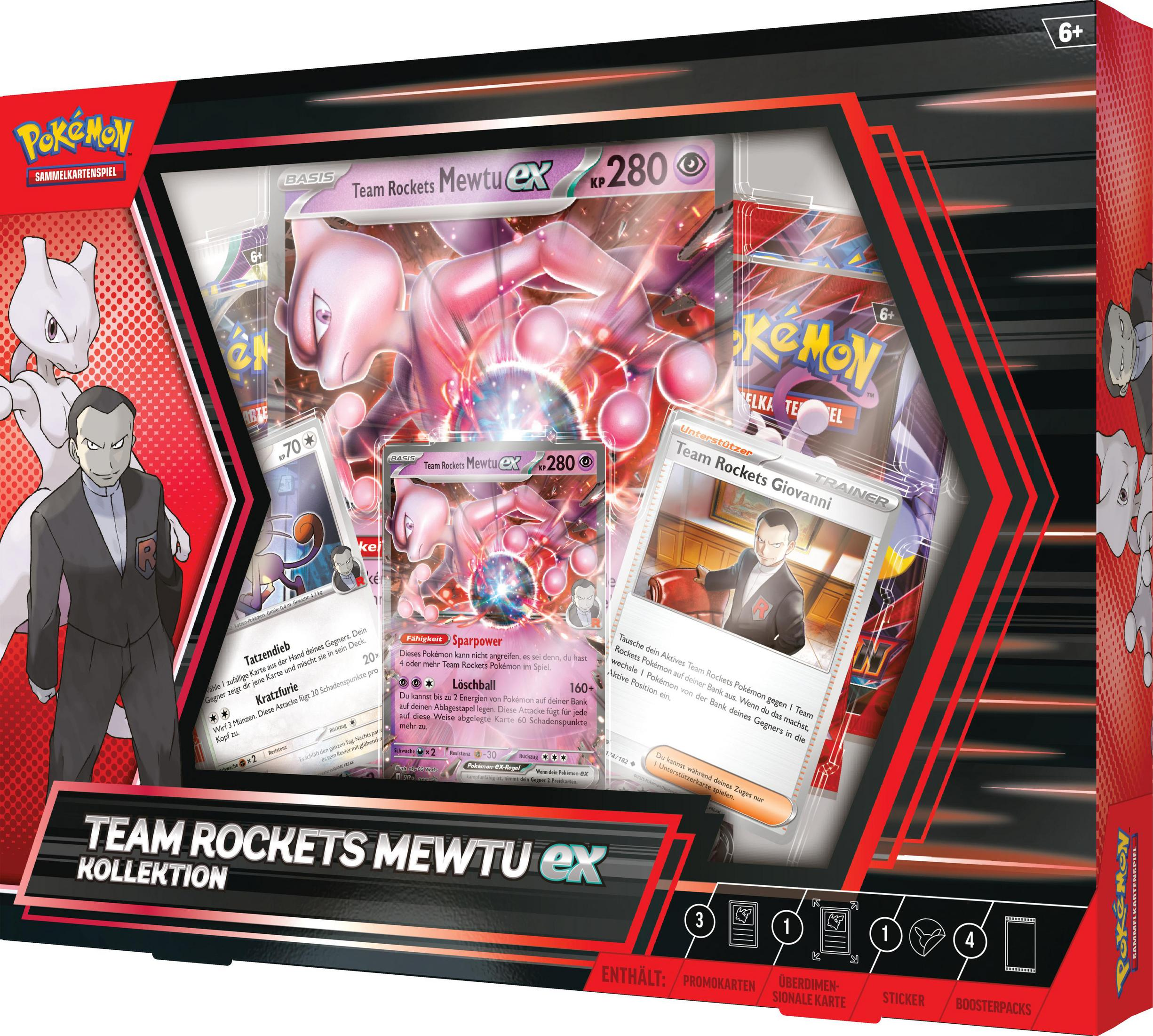 Eine Pokémon-Kartenbox. Es zeigt Team Rocket Mewtu ex, Karten und einen Trainer.