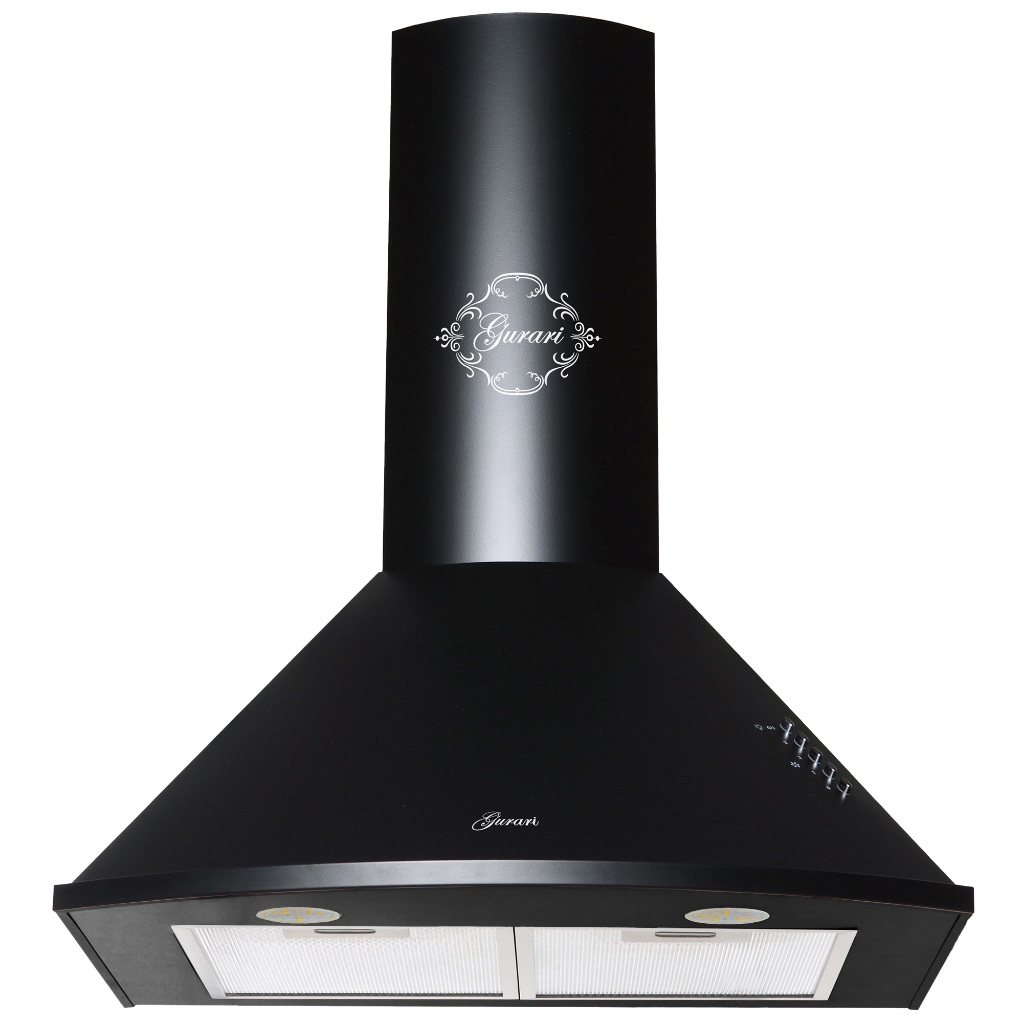 Eine schwarze Küchenhaube mit Kamin. Sie trägt den Markennamen 'Gurari' und hat darunter zwei Leuchten.
