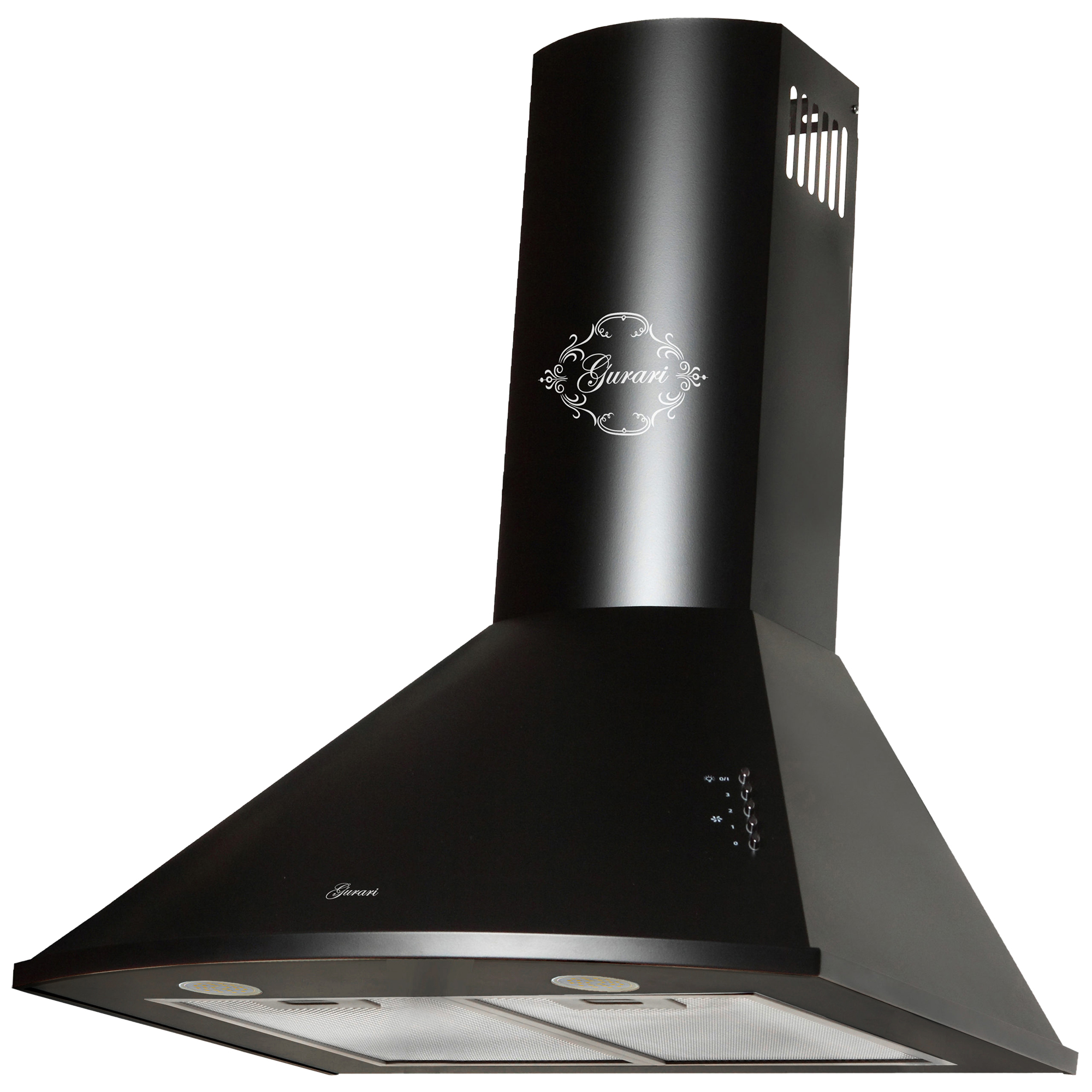 Schwarze Küchenhaube mit Kamin, Markenlogo und Bedienknöpfen. Isoliert auf weißem Hintergrund.