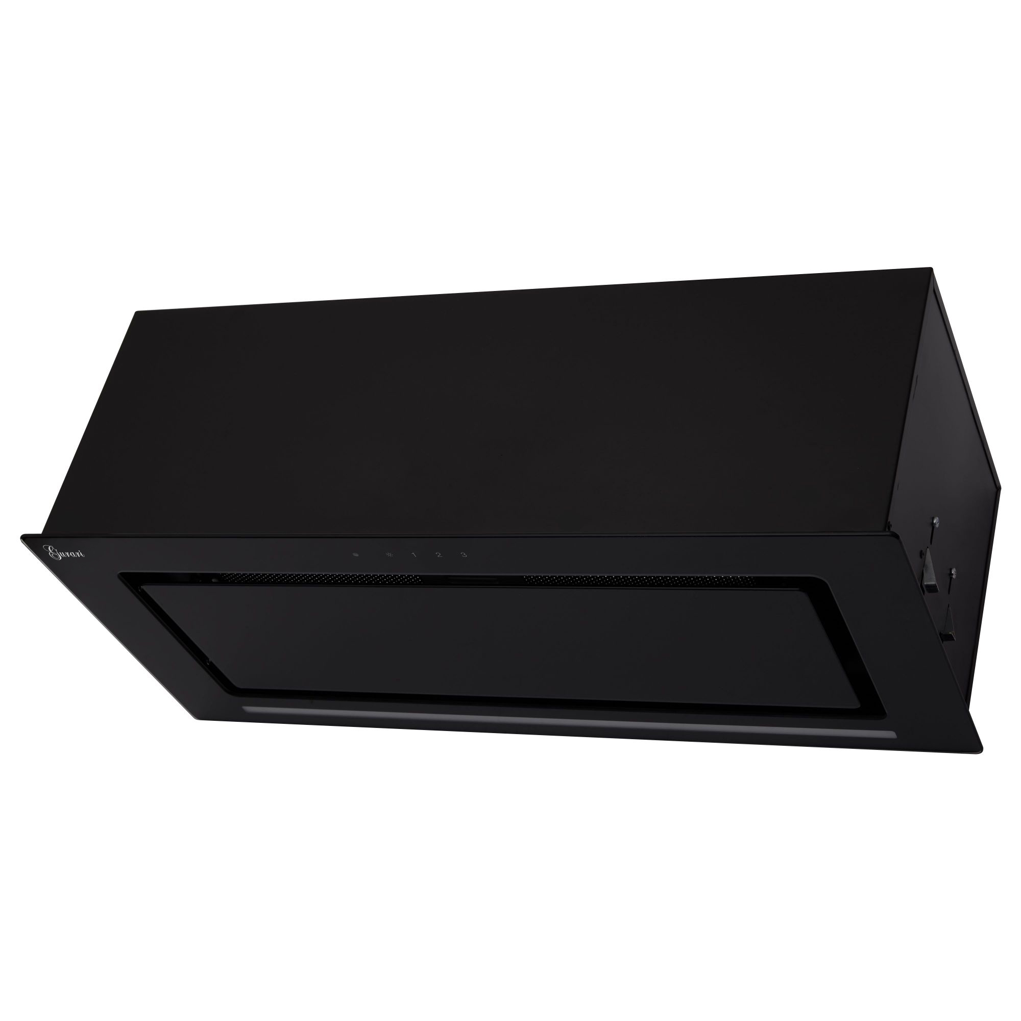Eine schwarze Dunstabzugshaube mit rechteckigem Design, isoliert auf weißem Hintergrund. Mit Markennamen und Steuertasten.