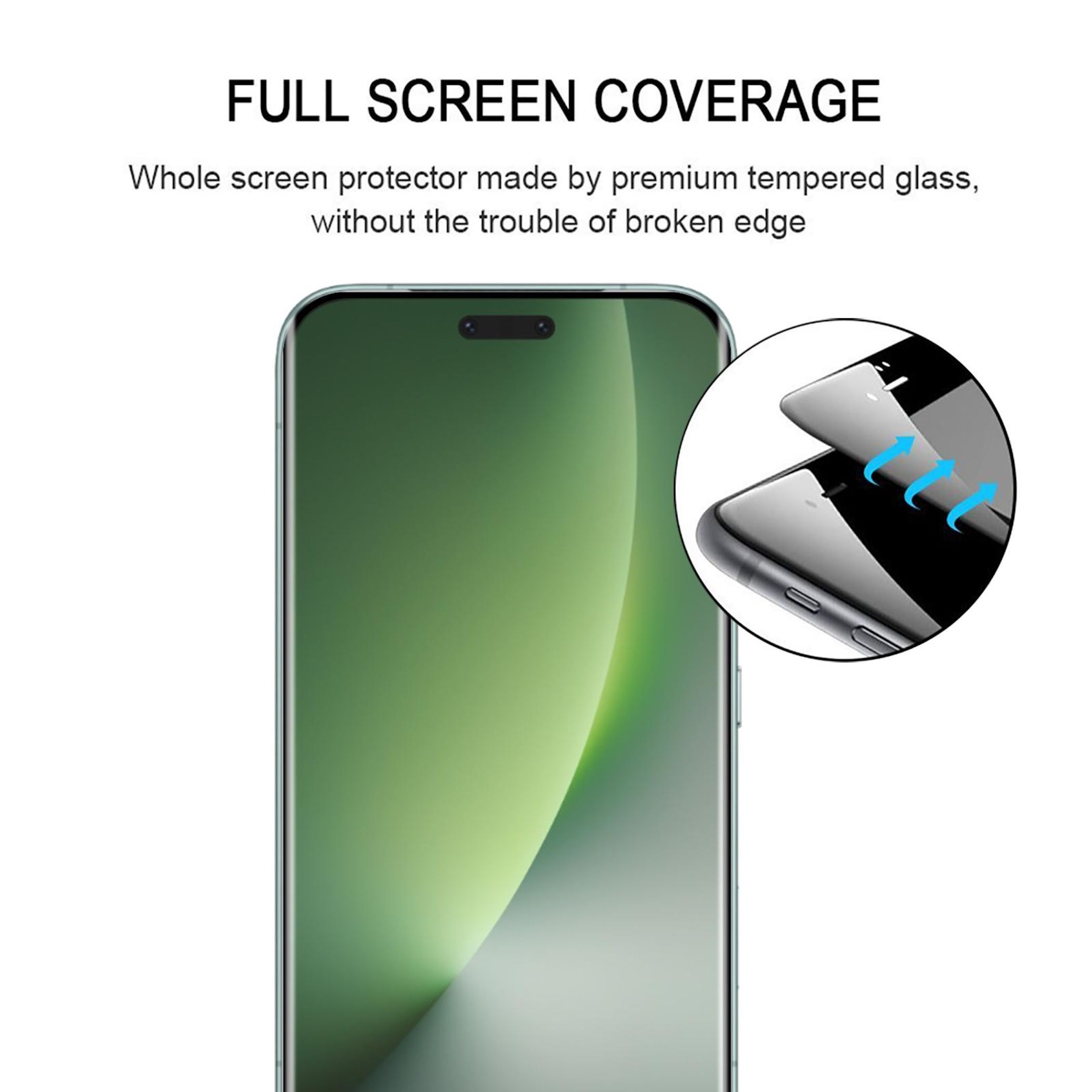 Das Bild zeigt eine Displayschutzfolie für ein Telefon. Text lautet 'Full Screen Coverage'. Ein Telefon wird mit dem Schutz gezeigt.