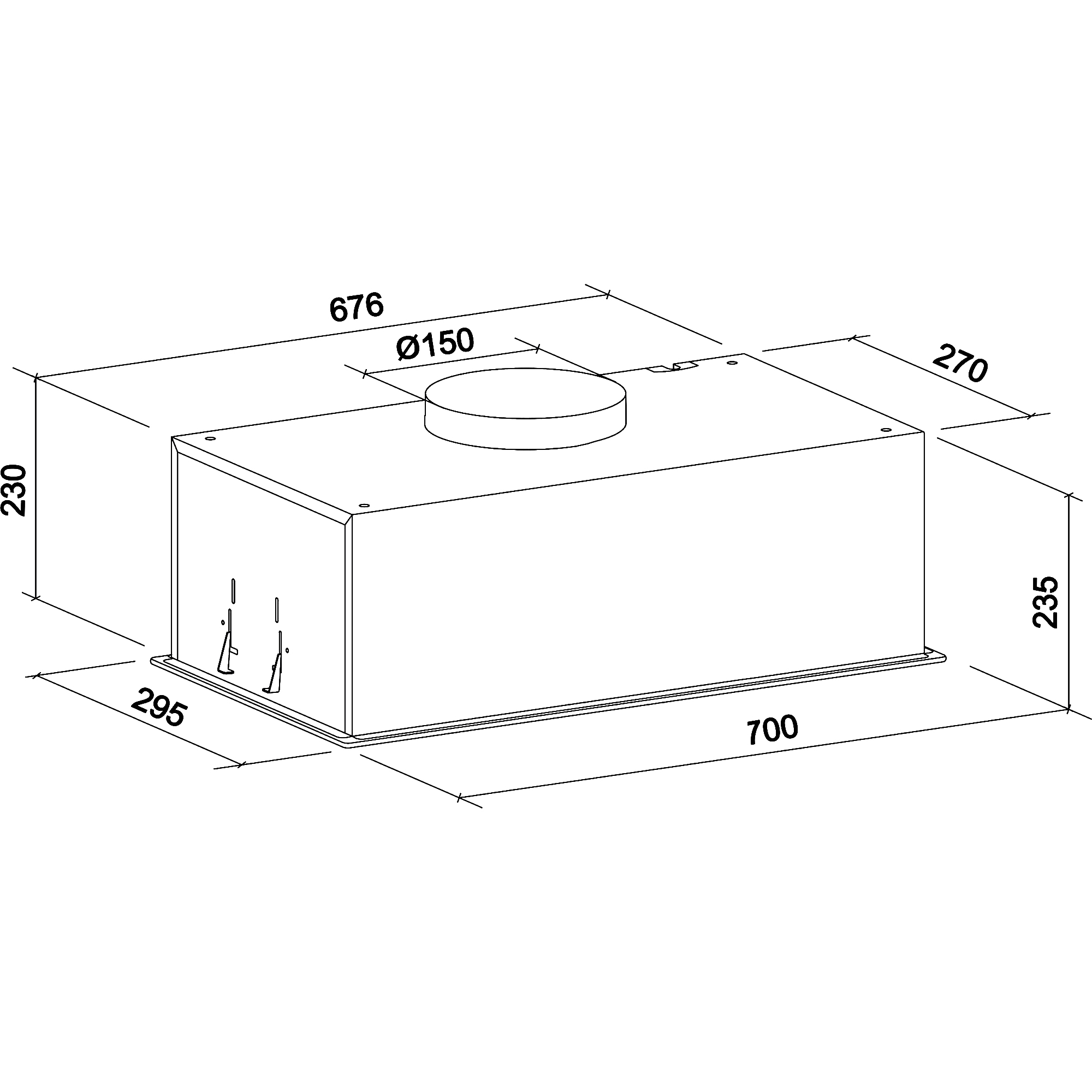 Diagramm einer rechteckigen Dunstabzugshaube mit Maßen und einem kreisförmigen Lüftungsschacht, gezeichnet in schwarzen Linien.