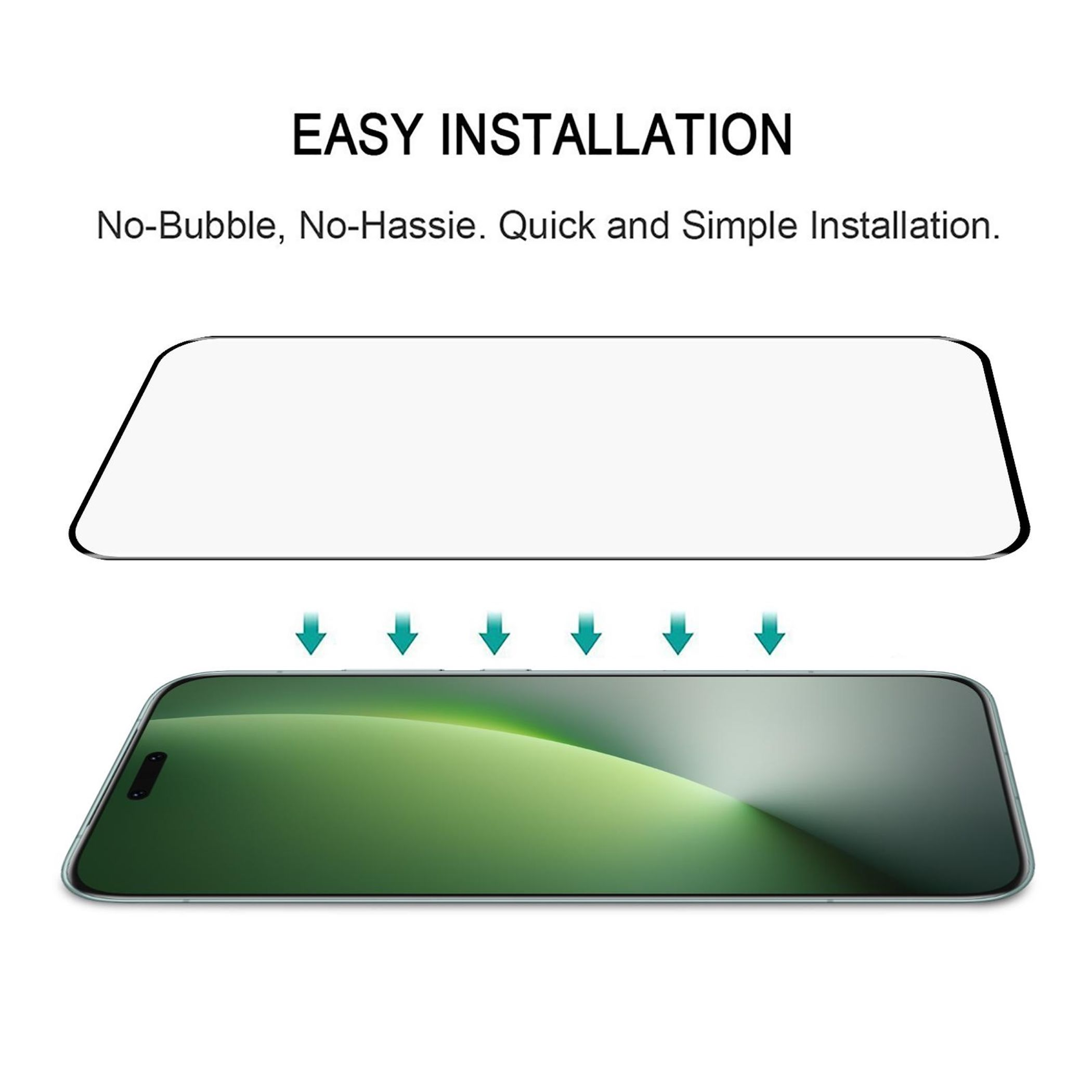 Ein Displayschutz über einem Telefon. Pfeile zeigen nach unten. Text: 'Einfache Installation'.