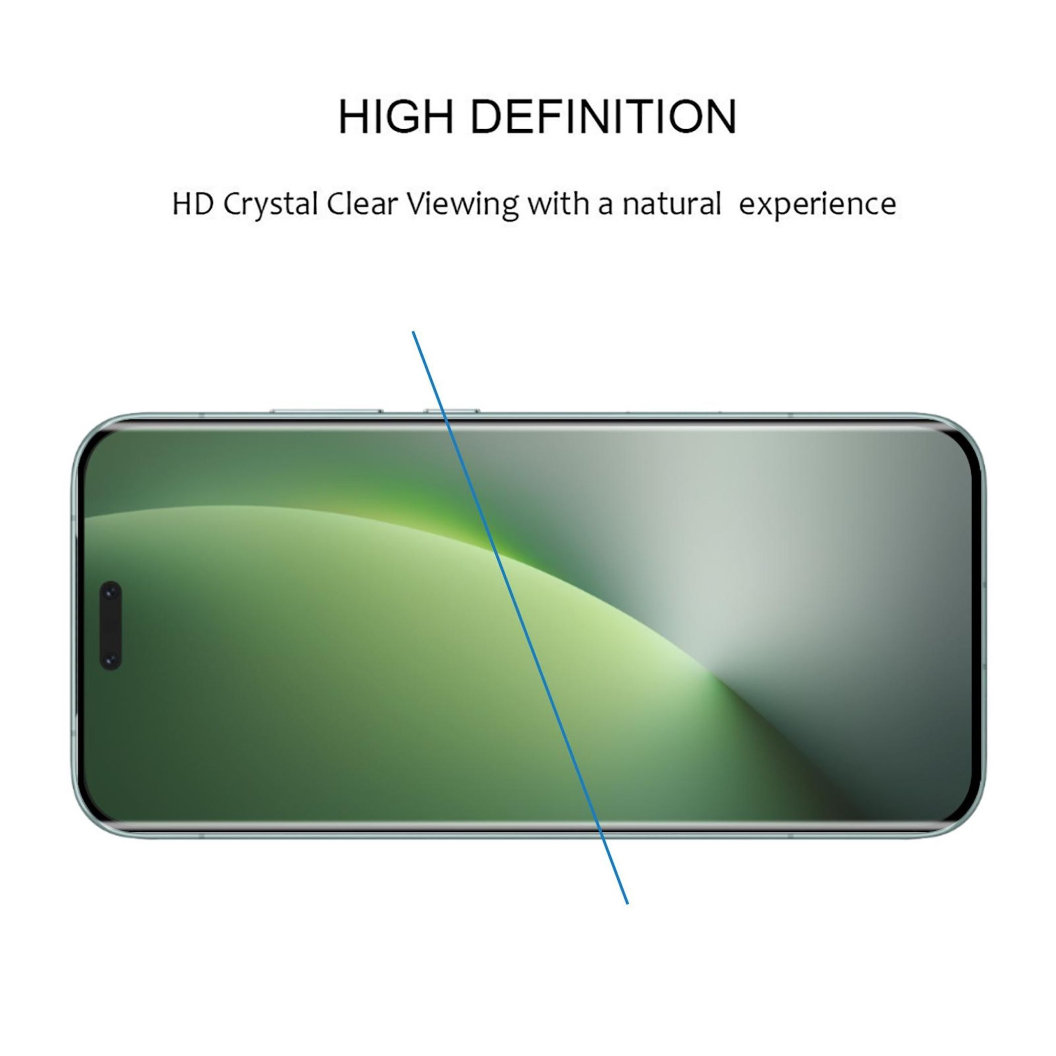Ein Telefonbildschirm mit grünem Farbverlauf und einer blauen Linie, mit den Worten 'High Definition'.