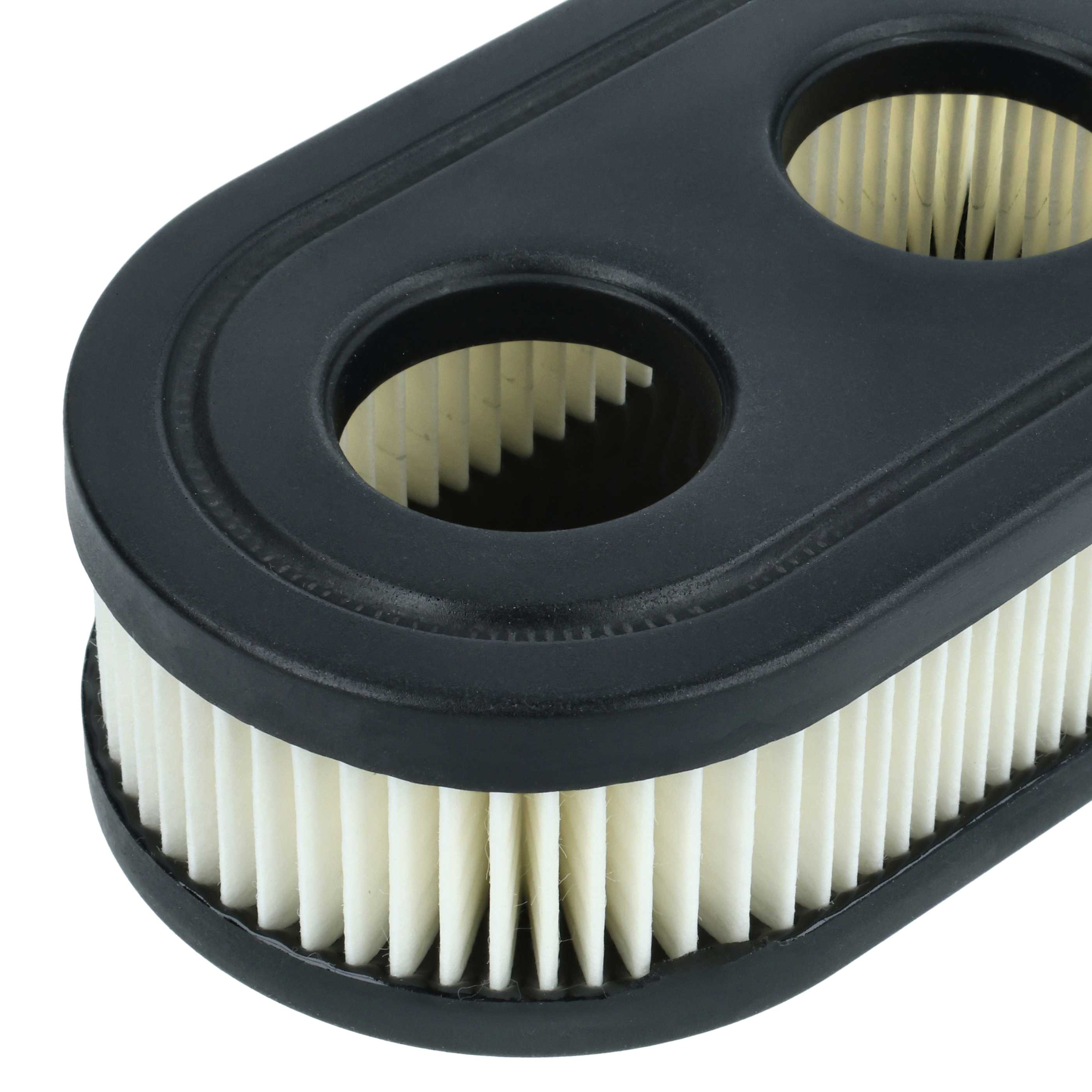 Ein Luftfilter mit schwarzem Rahmen und weißem Filtermaterial. Zwei kreisförmige Öffnungen sind sichtbar.