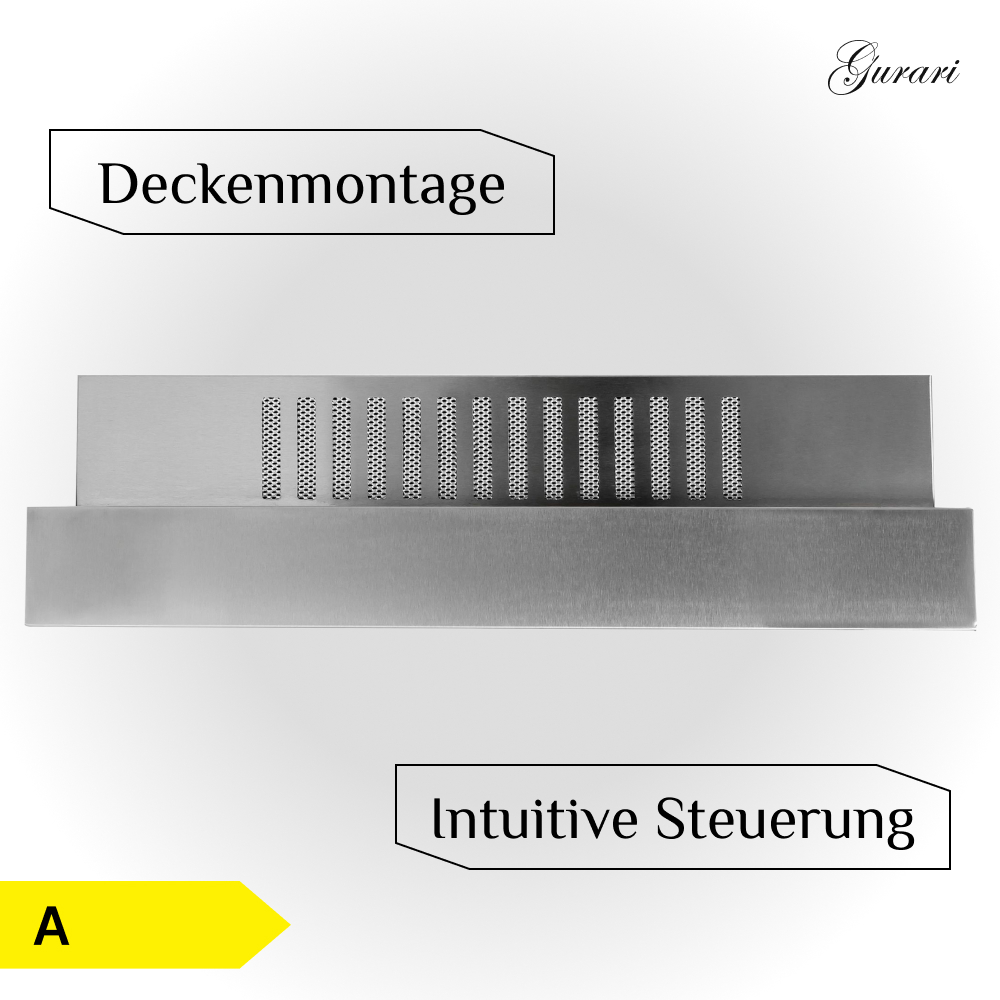 Eine metallische Dunstabzugshaube mit deutschem Text 'Deckenmontage' und 'Intuitive Steuerung' wird vor weißem Hintergrund gezeigt.