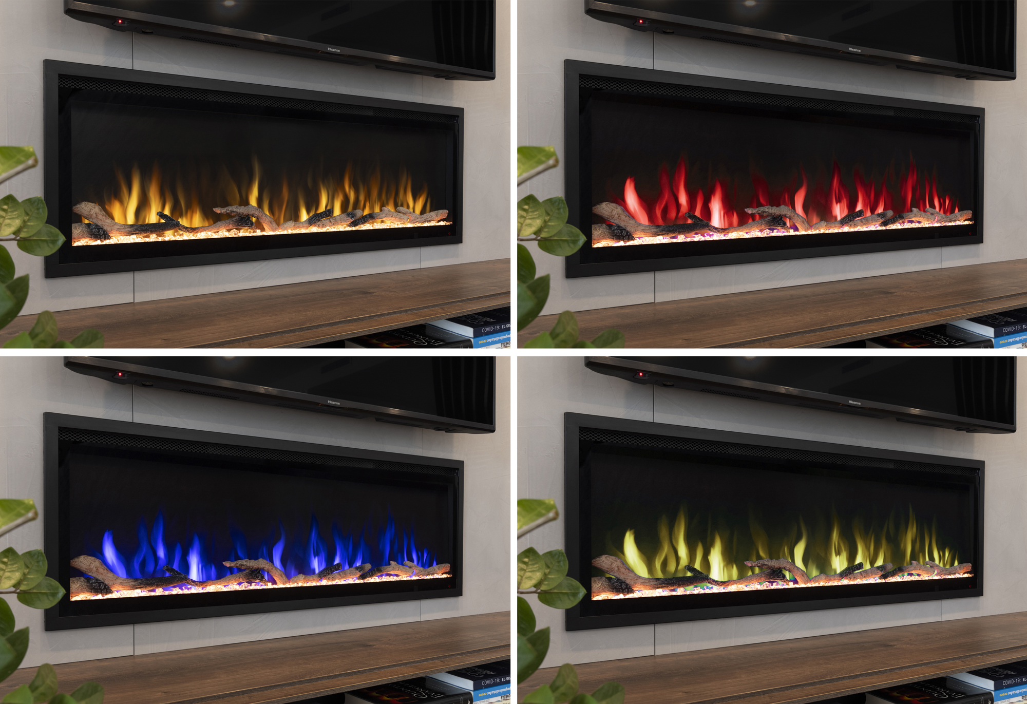 Una chimenea eléctrica moderna con llamas en cuatro colores diferentes: amarillo, rojo, azul y verde. Está montada en madera.