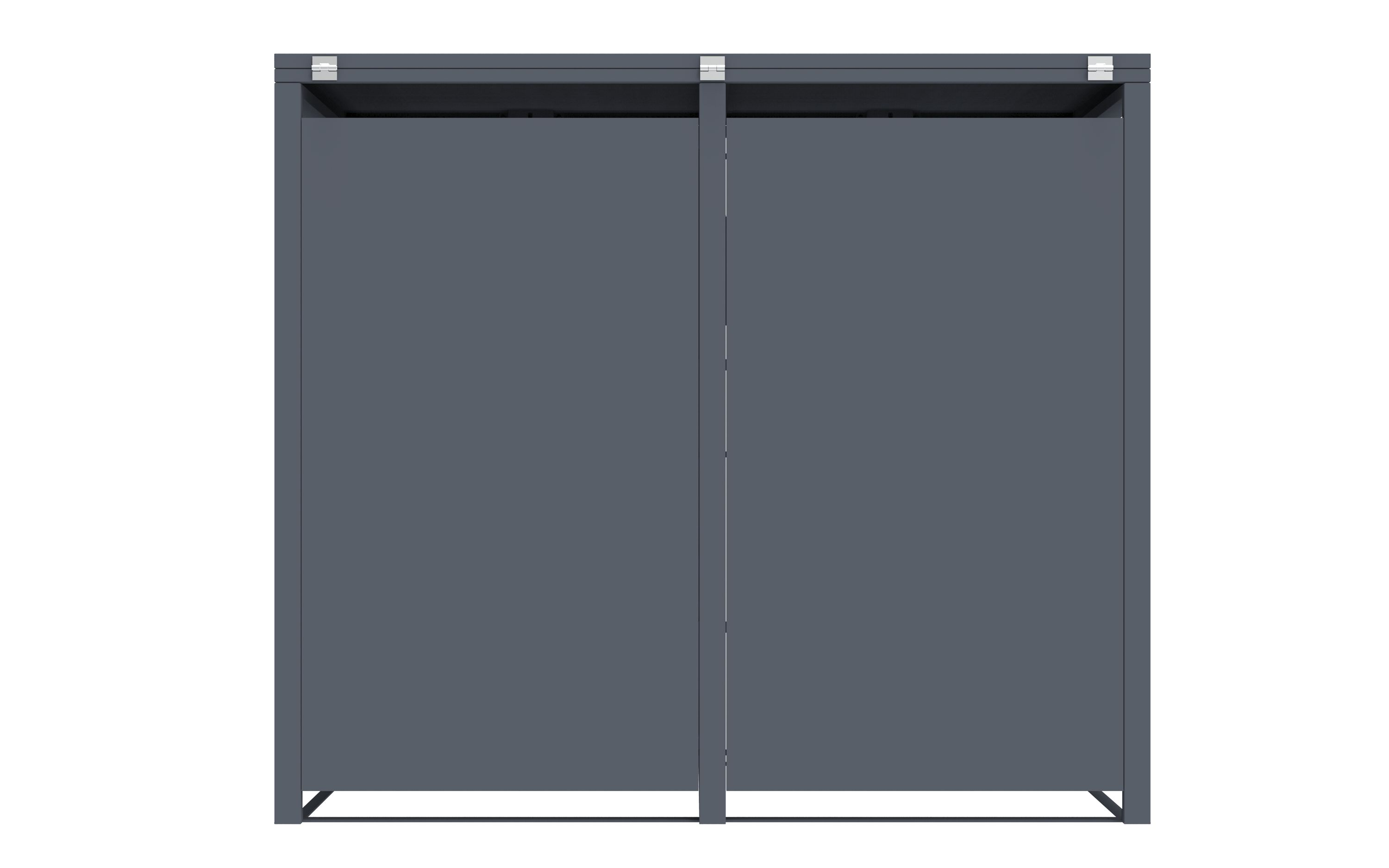 Ein grauer Doppeltürenschrank. Die Türen sind geschlossen, mit silbernen Scharnieren oben. Der Hintergrund ist weiß.