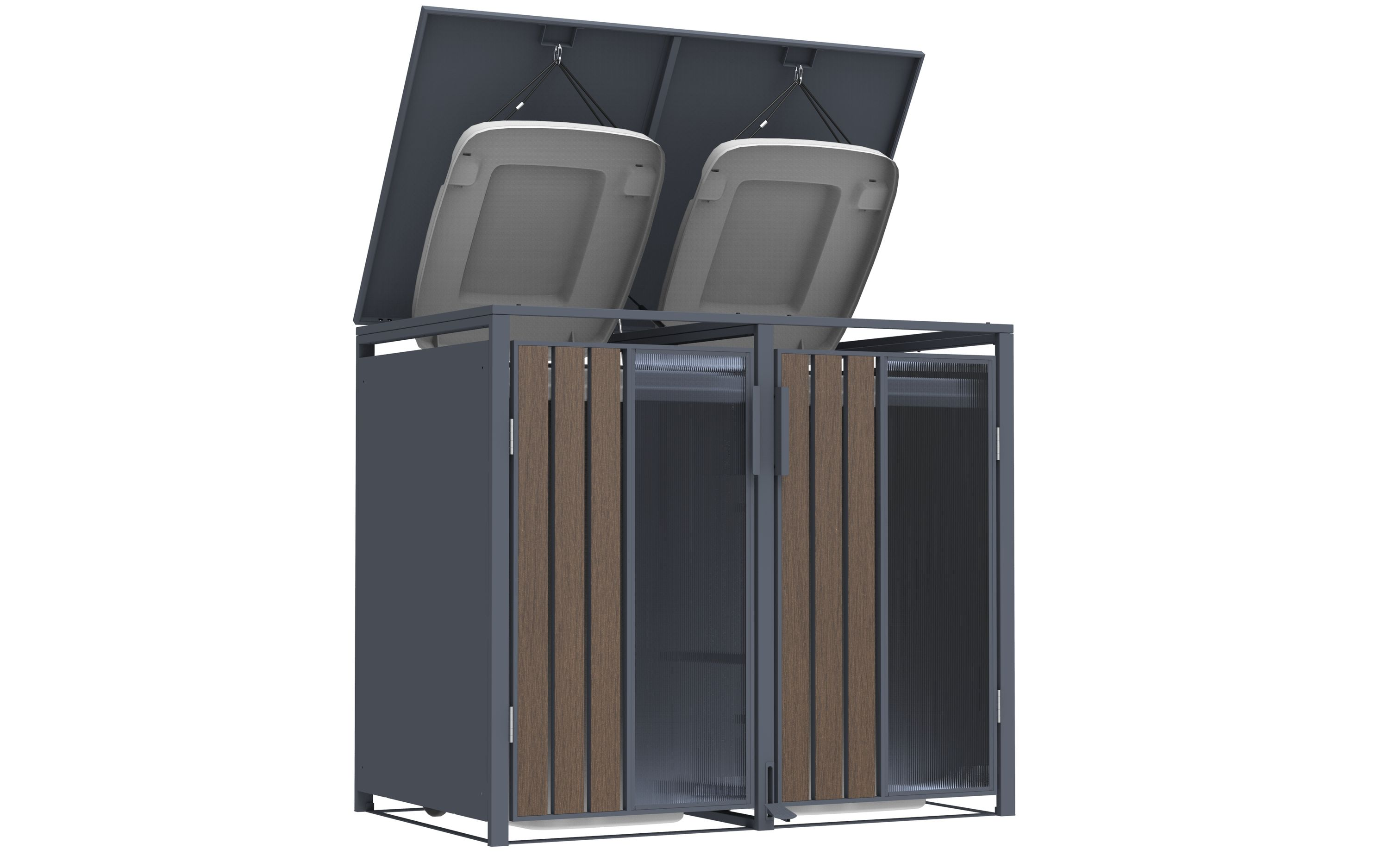 Ein grauer Metall-Müllcontainer mit zwei Fächern. Jedes hat einen Deckel. Holzpaneele sind vorne.