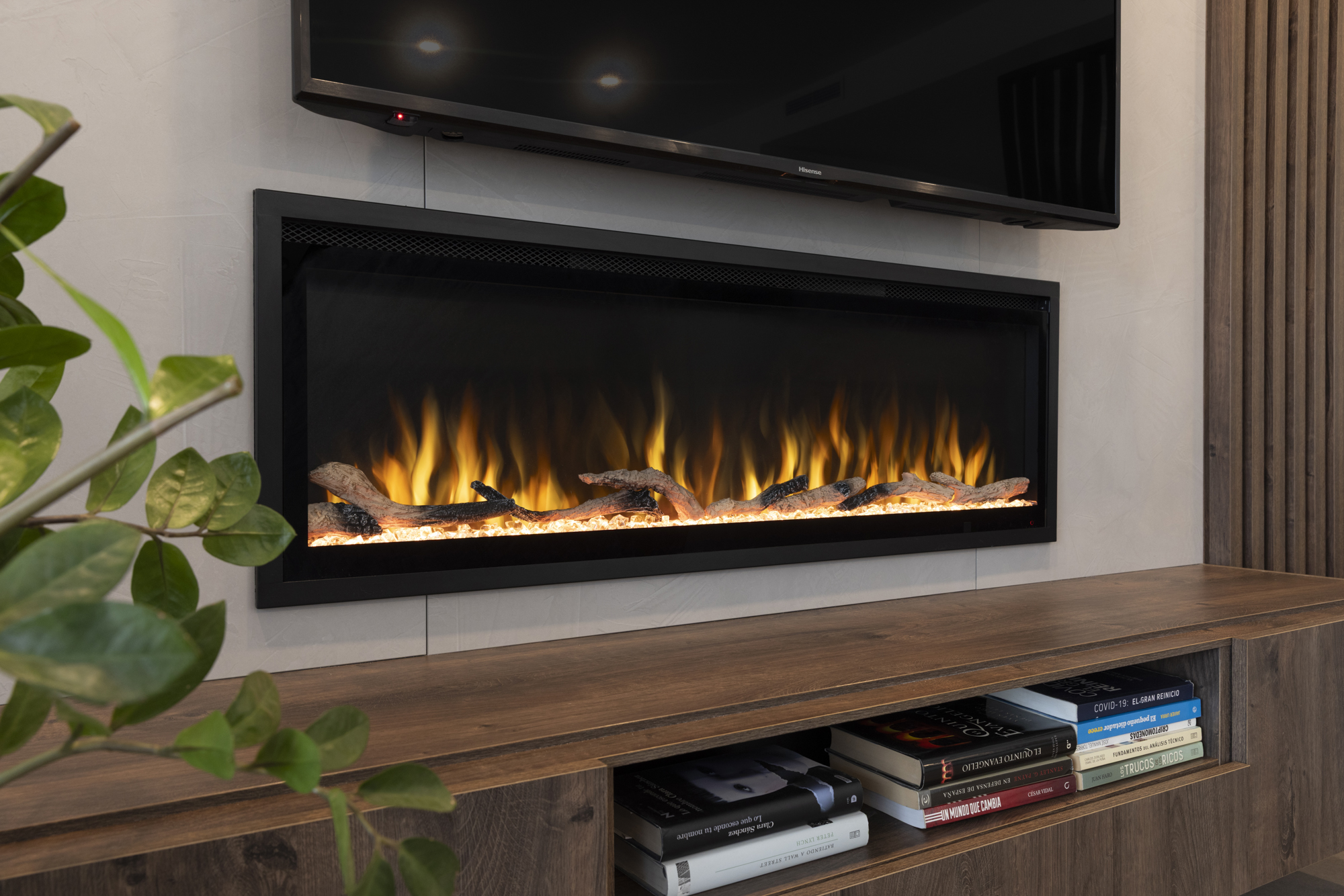 Una chimenea eléctrica con llamas, TV y mueble de madera. Libros visibles. Planta verde en primer plano. La pared es gris.
