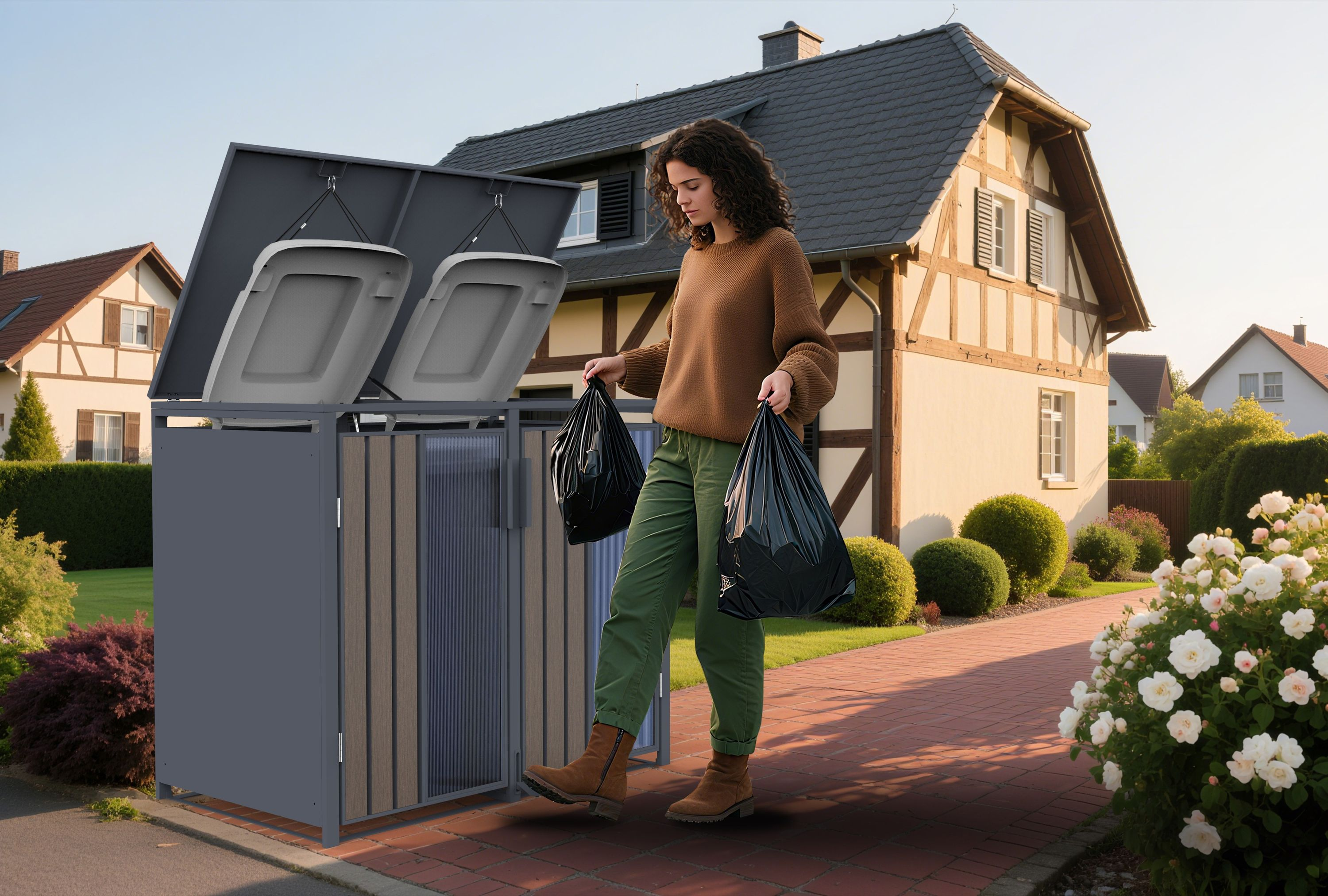 Eine Frau in grüner Hose und braunem Pullover wirft Müllsäcke in eine Metalltonne. Häuser und ein Blumenbusch sind im Hintergrund.