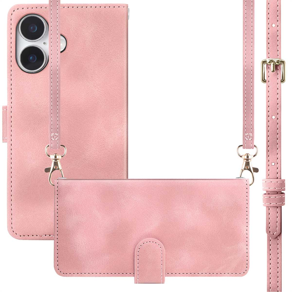 Roze leren telefoonhoesje met bandje. Het heeft een uitsparing voor de telefooncamera en een ontwerp in portemonneestijl.