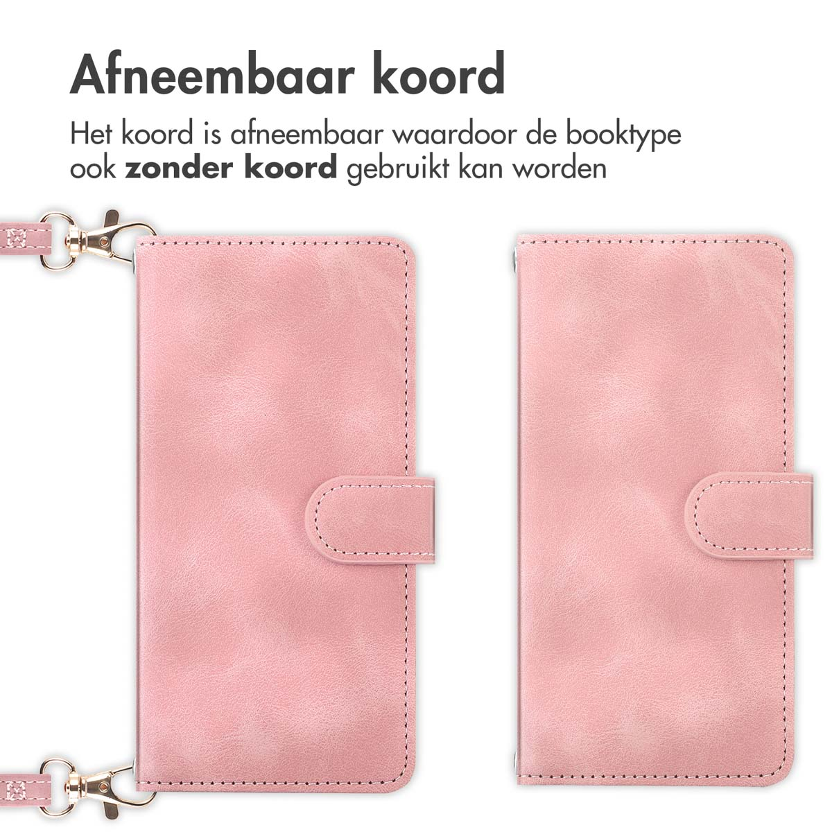 Roze telefoonhoesje met een afneembaar koord. De hoes is open en toont de binnenkant. Tekst in het Nederlands.