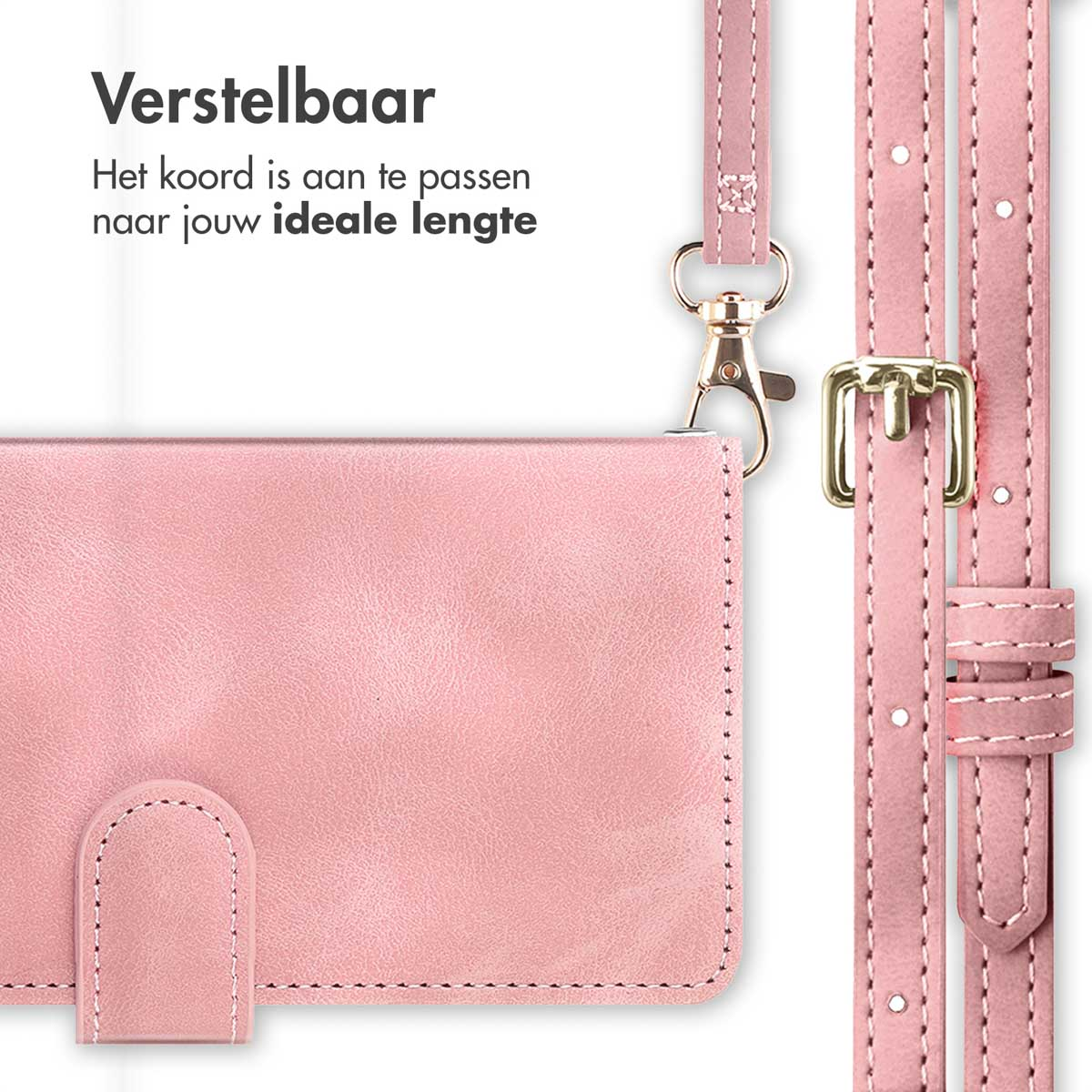 Roze telefoonhoesje met band. Verstelbare band met gouden sluiting en gesp. Tekst bovenaan: Verstelbaar.