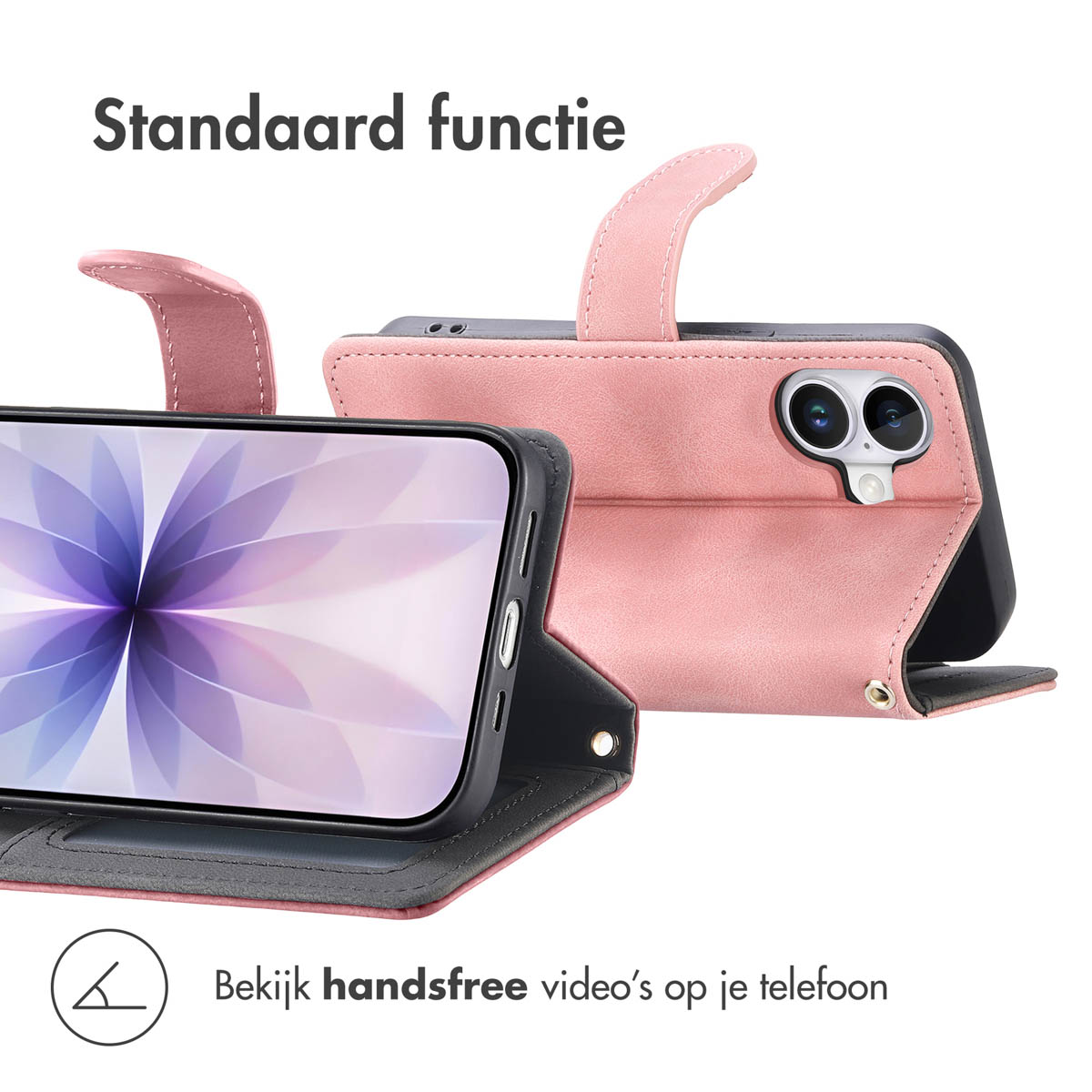 Roze telefoonhoesje met telefoon met een paars-wit ontwerp, tekst luidt 'Standaard functie' en 'Bekijk handsfree video's op je telefoon'.