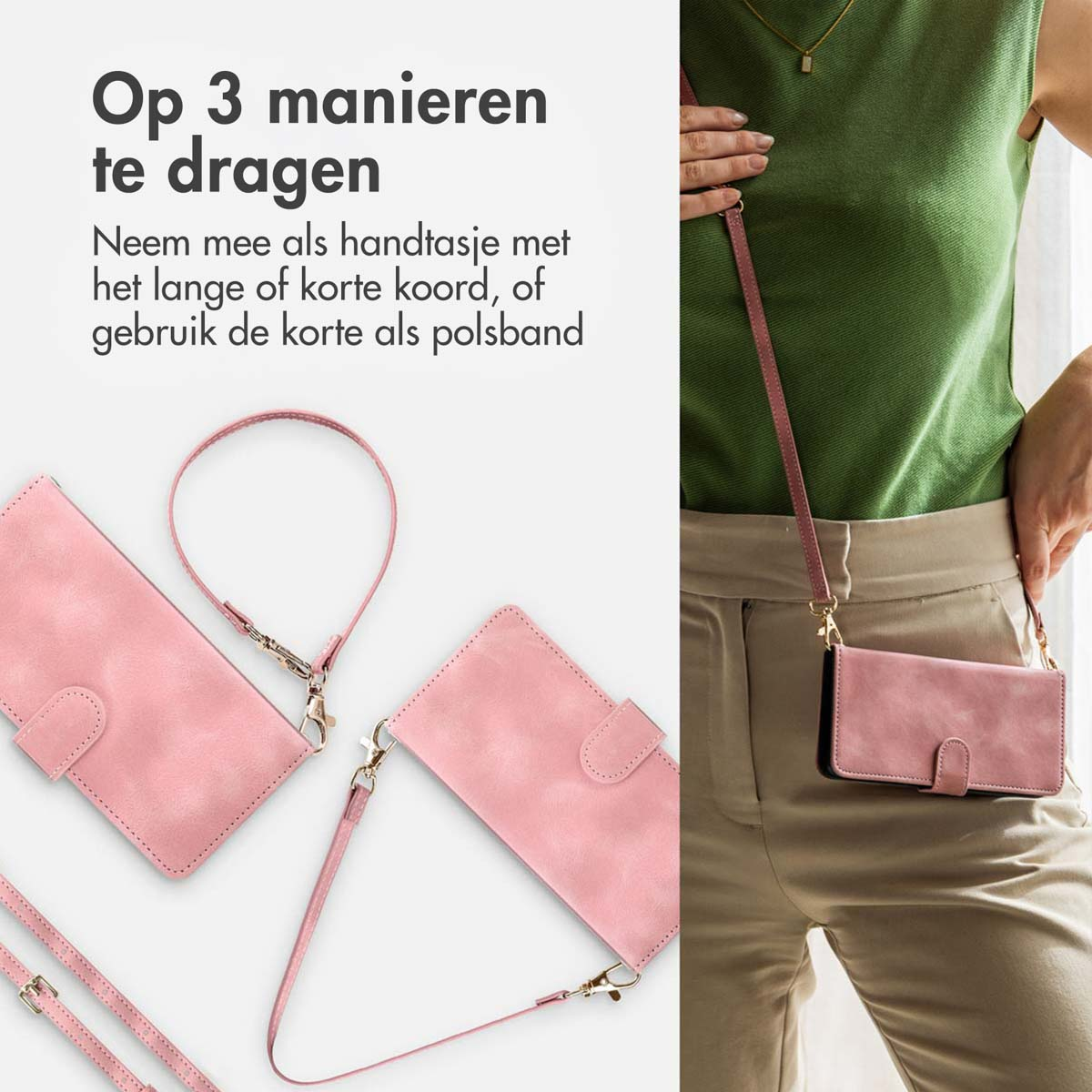 Roze telefoonhoesjes met bandjes, getoond met een persoon die er een draagt. Tekst: 'Op 3 manieren te dragen'.