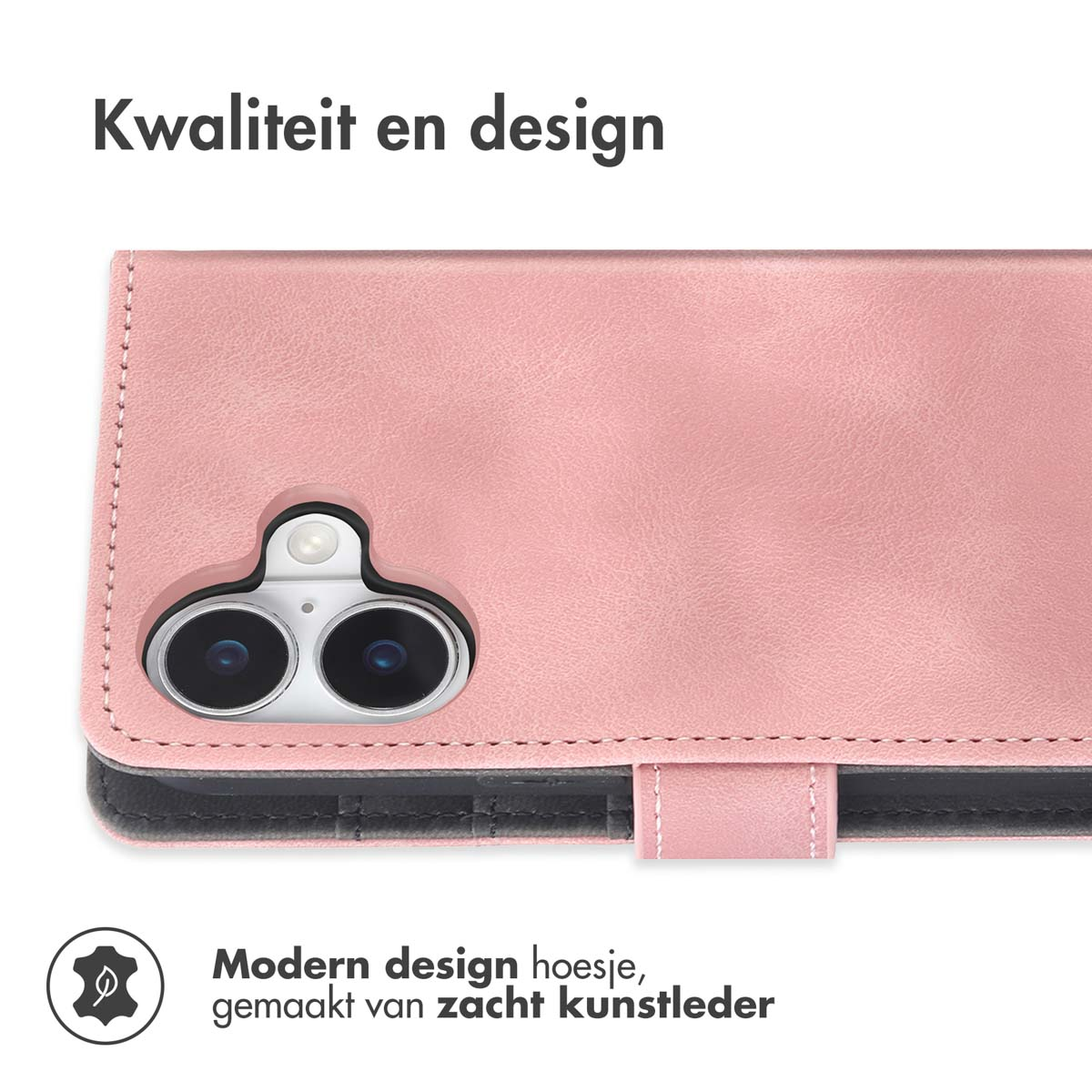 Roze telefoonhoesje met een modern design. Gemaakt van zacht leer. De cameralenzen zijn zichtbaar.