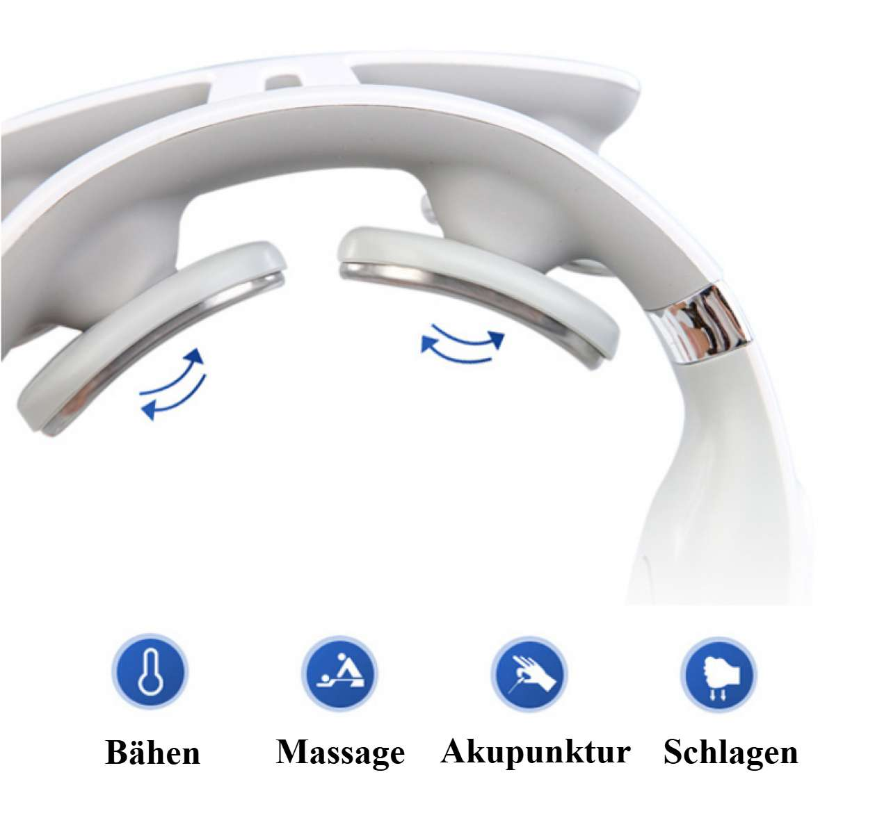 Ein weißes Massagegerät mit gebogenen Enden und blauen Pfeilsymbolen. Darunter befinden sich Symbole mit den Wörtern BÃ¤hen, Massage, Akupunktur und Schlagen.