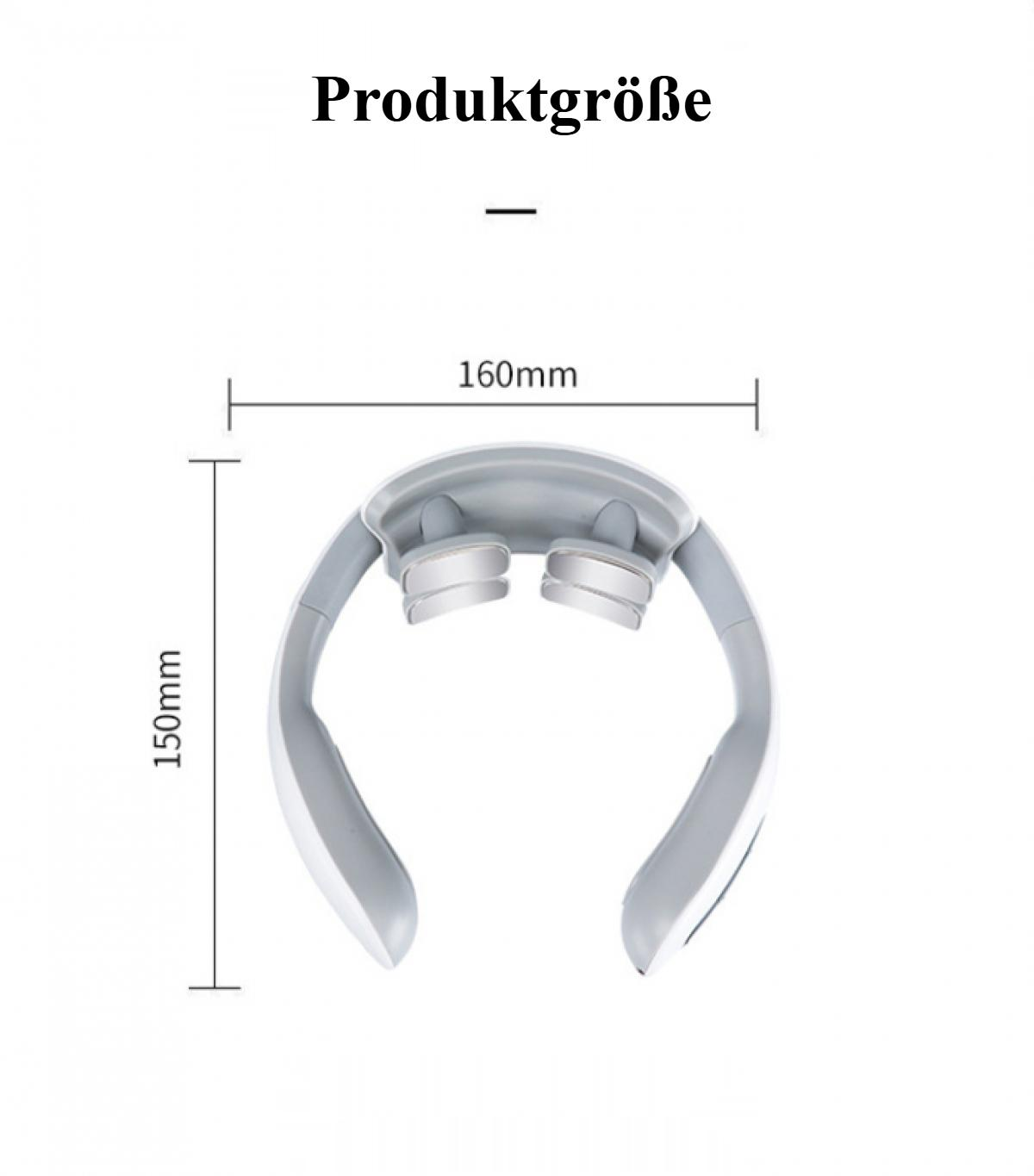Ein graues Nackenmassagegerät mit angegebenen Abmessungen. Es ist 150 mm hoch und 160 mm breit. Der Text 'Produktgroße' steht oben.