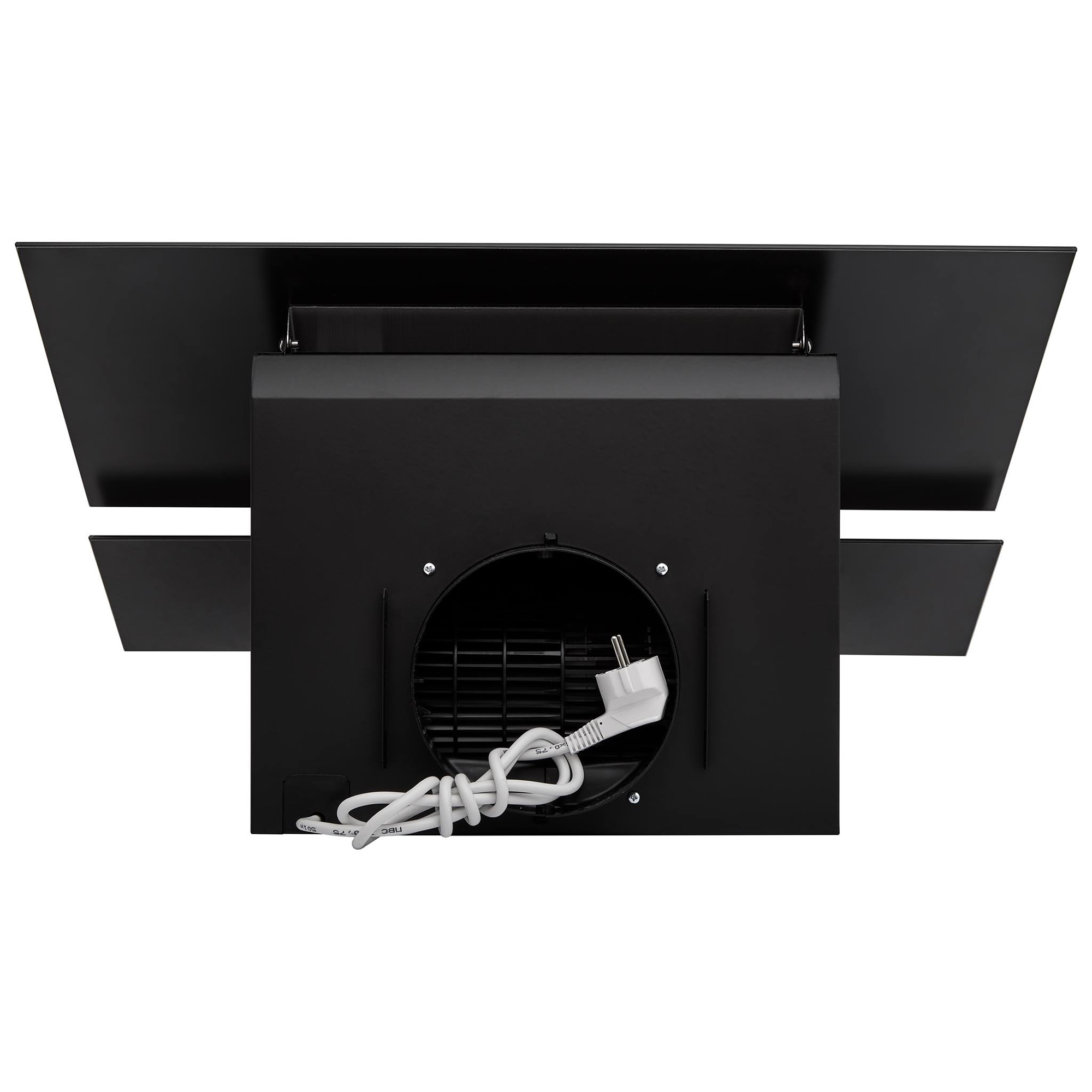 Schwarze Dunstabzugshaube von unten. Hat einen Ventilator, einen Netzstecker und ein hängendes Netzkabel.