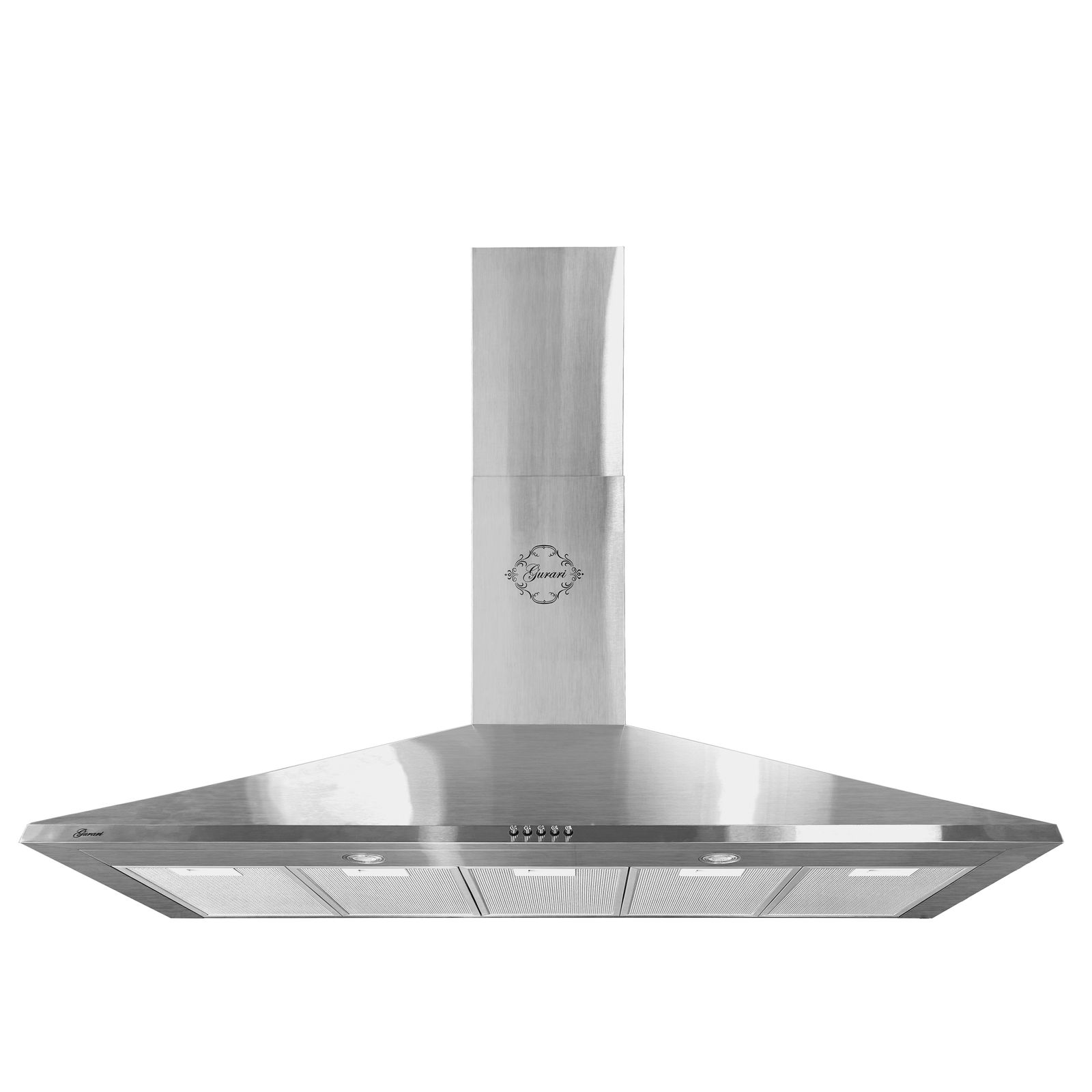 Edelstahl-Küchenabzugshaube mit Kamin, Lichtern und Bedientasten, vor weißem Hintergrund.
