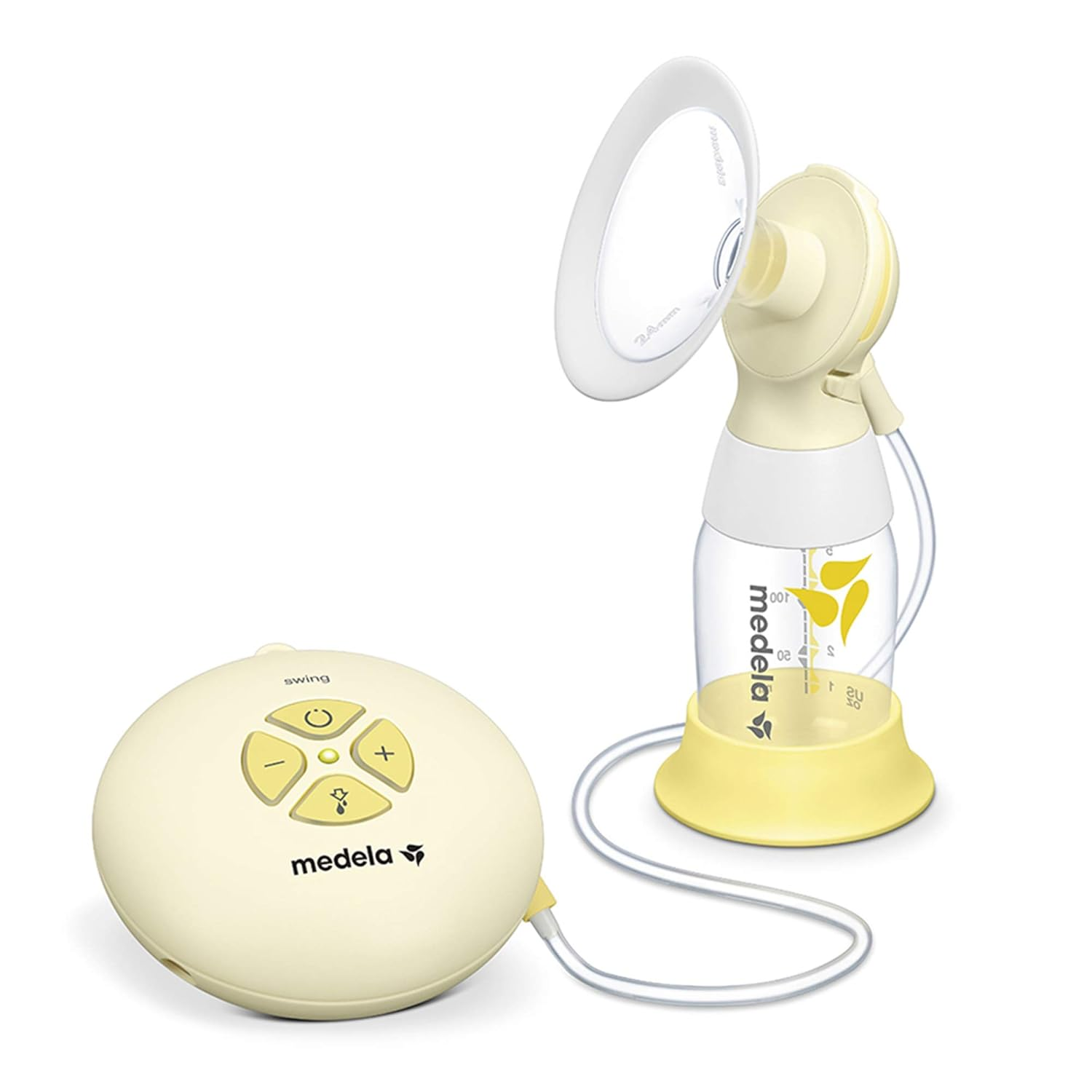 Eine Medela-Brustpumpe. Sie besteht aus einer Pumpeinheit und einer separaten Steuereinheit, beide cremefarben. Klare Flasche und Schläuche.