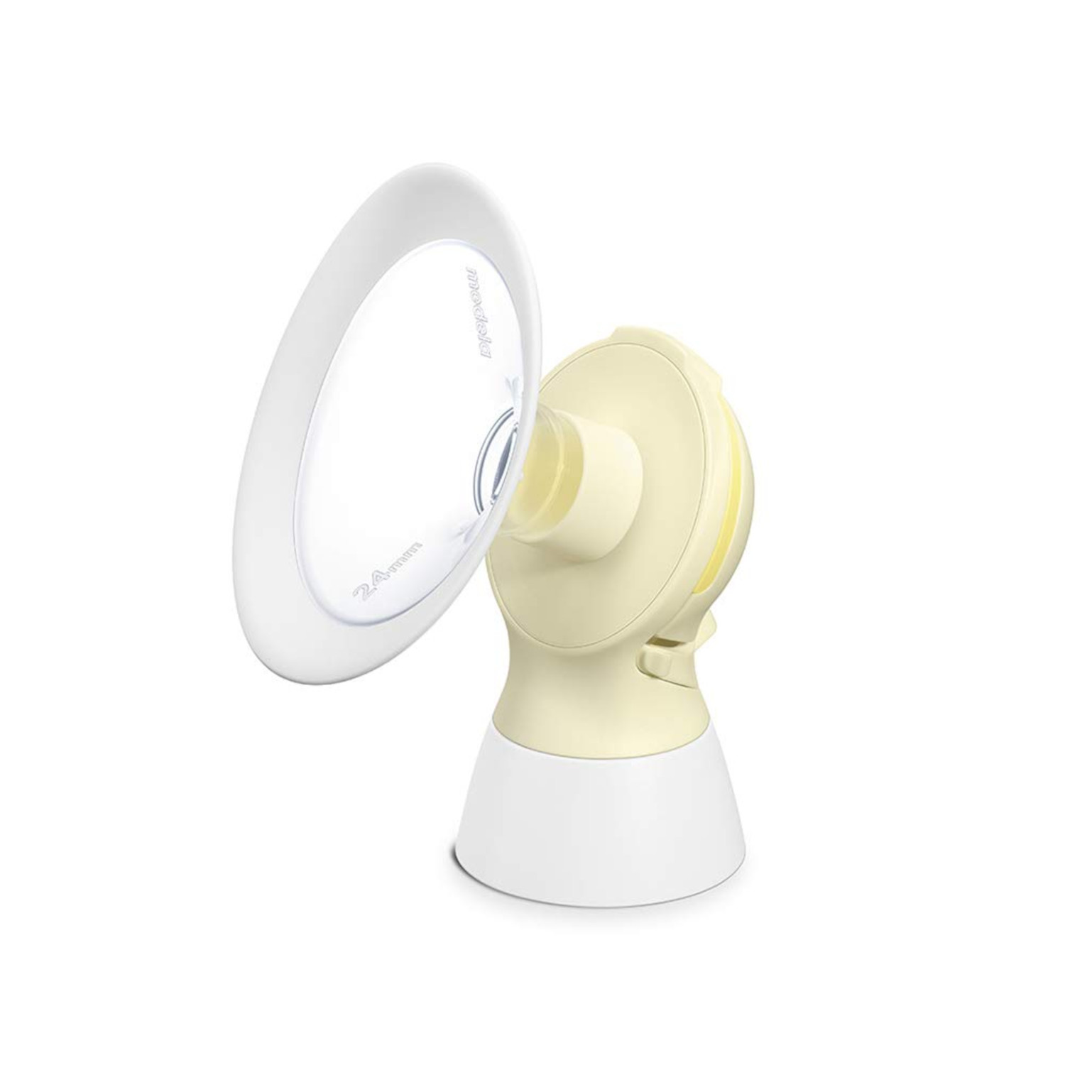 Eine überwiegend weiße und beige Brustpumpe ist leicht angewinkelt. Die Pumpe hat einen weißen Sockel, einen beigen Körper und einen weißen, klaren Trichter.