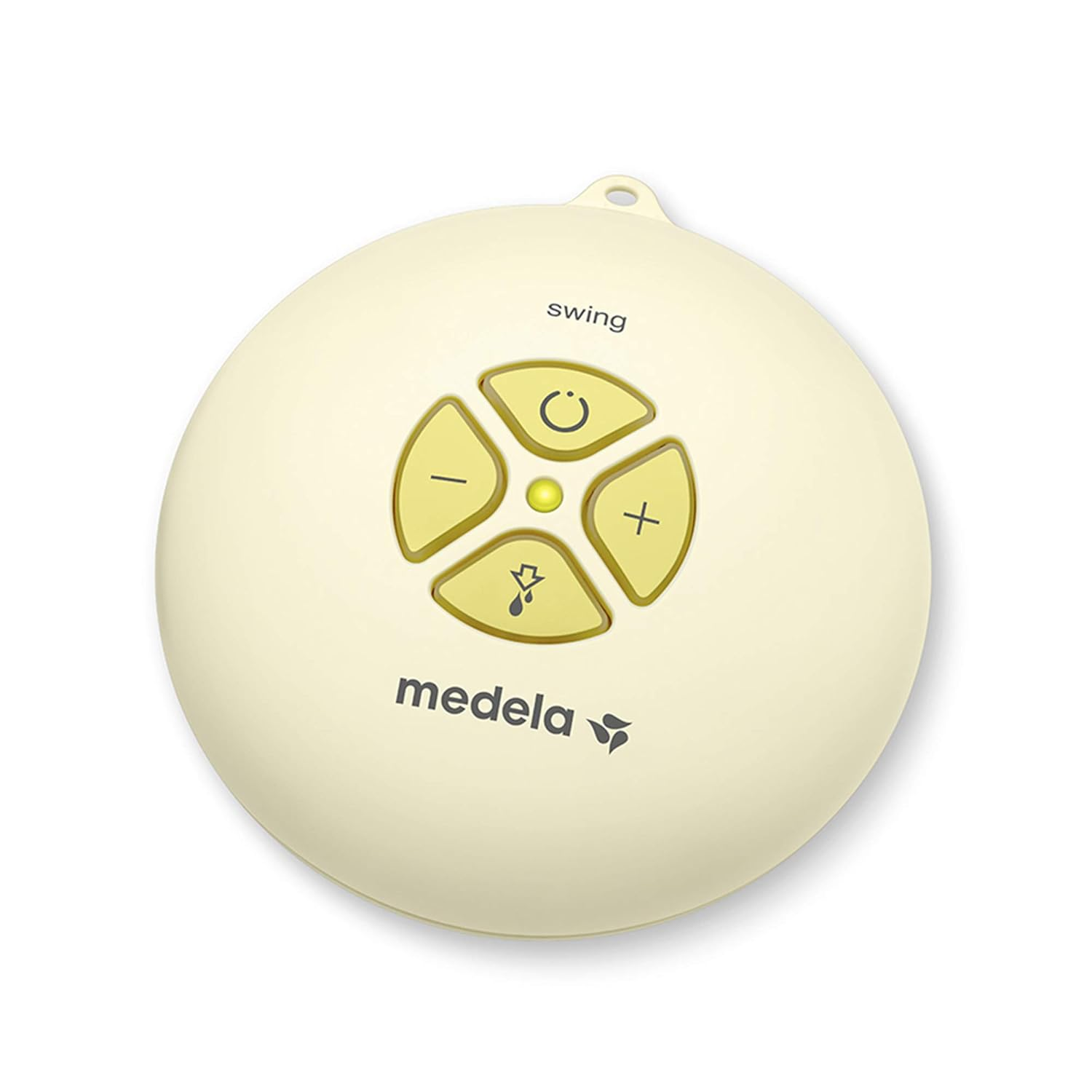 Eine cremefarbene Medela Swing Milchpumpe. Es hat Knöpfe und den Markennamen darauf. Es ist rund.